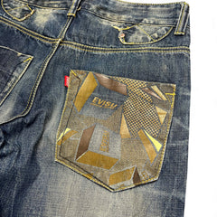 TWC Vintage Evisu KC Straight Jeans mit gemusterter Gesäßtasche aus Denim in verwaschenem Blau