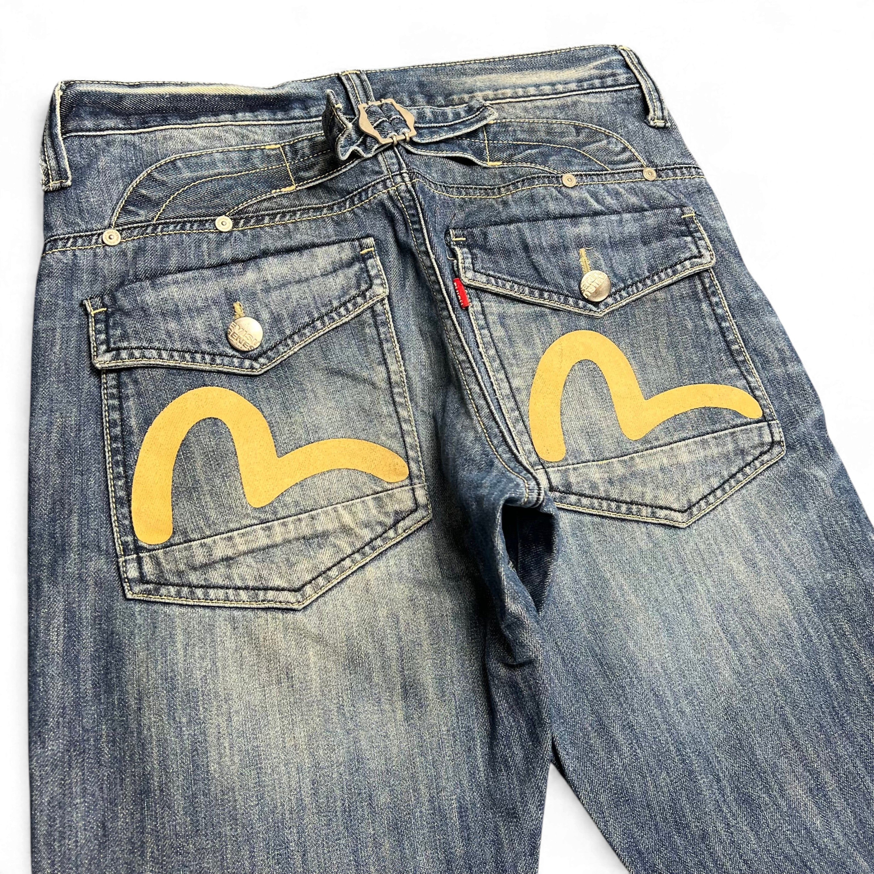 TWC Vintage Evisu KC Straight Jeans in blauem Denim mit gelben Seagull-Logos und hinterem Schnallenverschluss