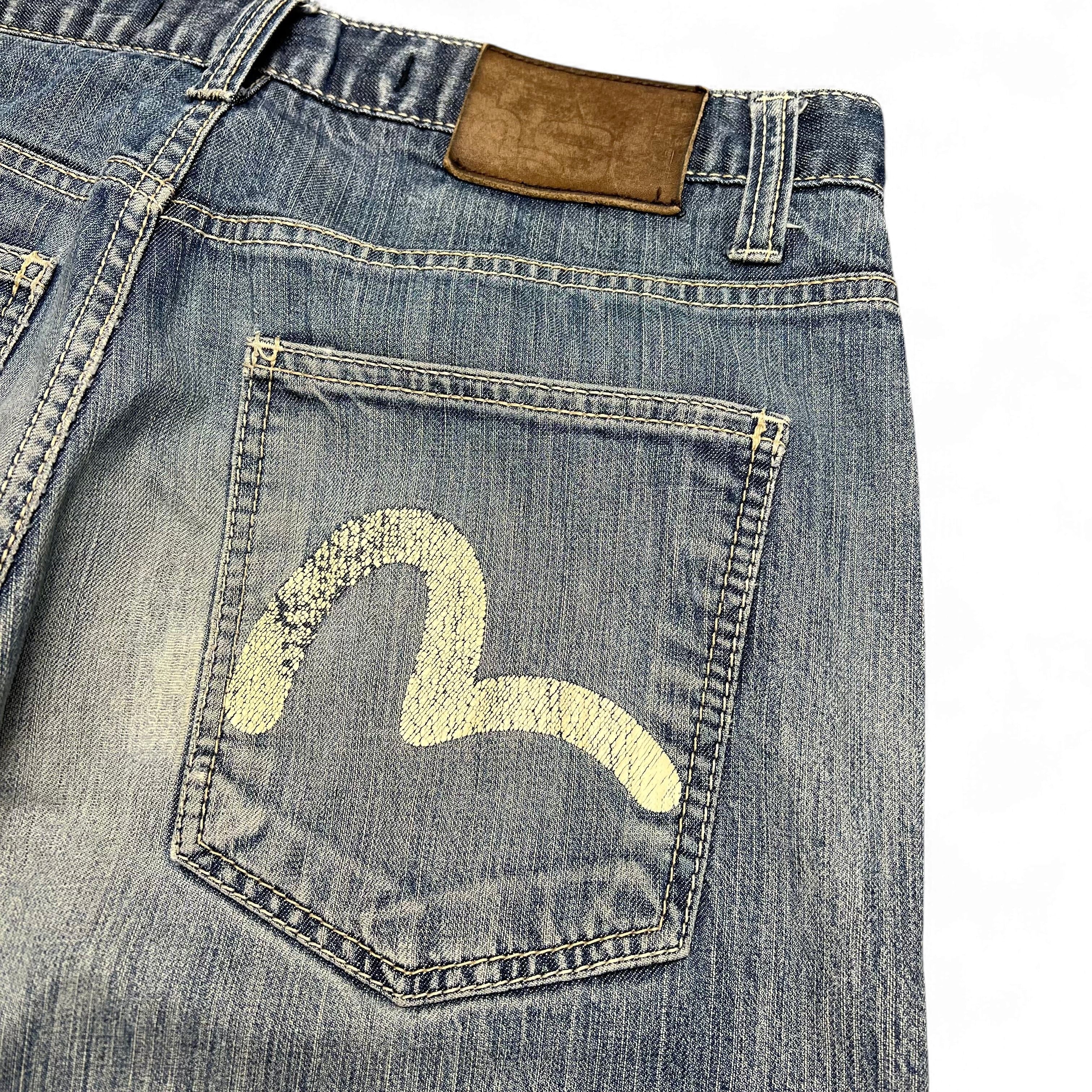 TWC Vintage Evisu KC Straight Jeans in blauem Denim mit ikonischem weißem Möwen-Print auf der Gesäßtasche