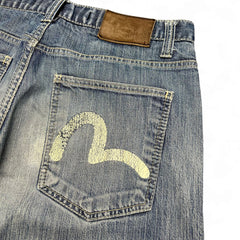 TWC Vintage Evisu KC Straight Jeans in blauem Denim mit ikonischem weißem Möwen-Print auf der Gesäßtasche