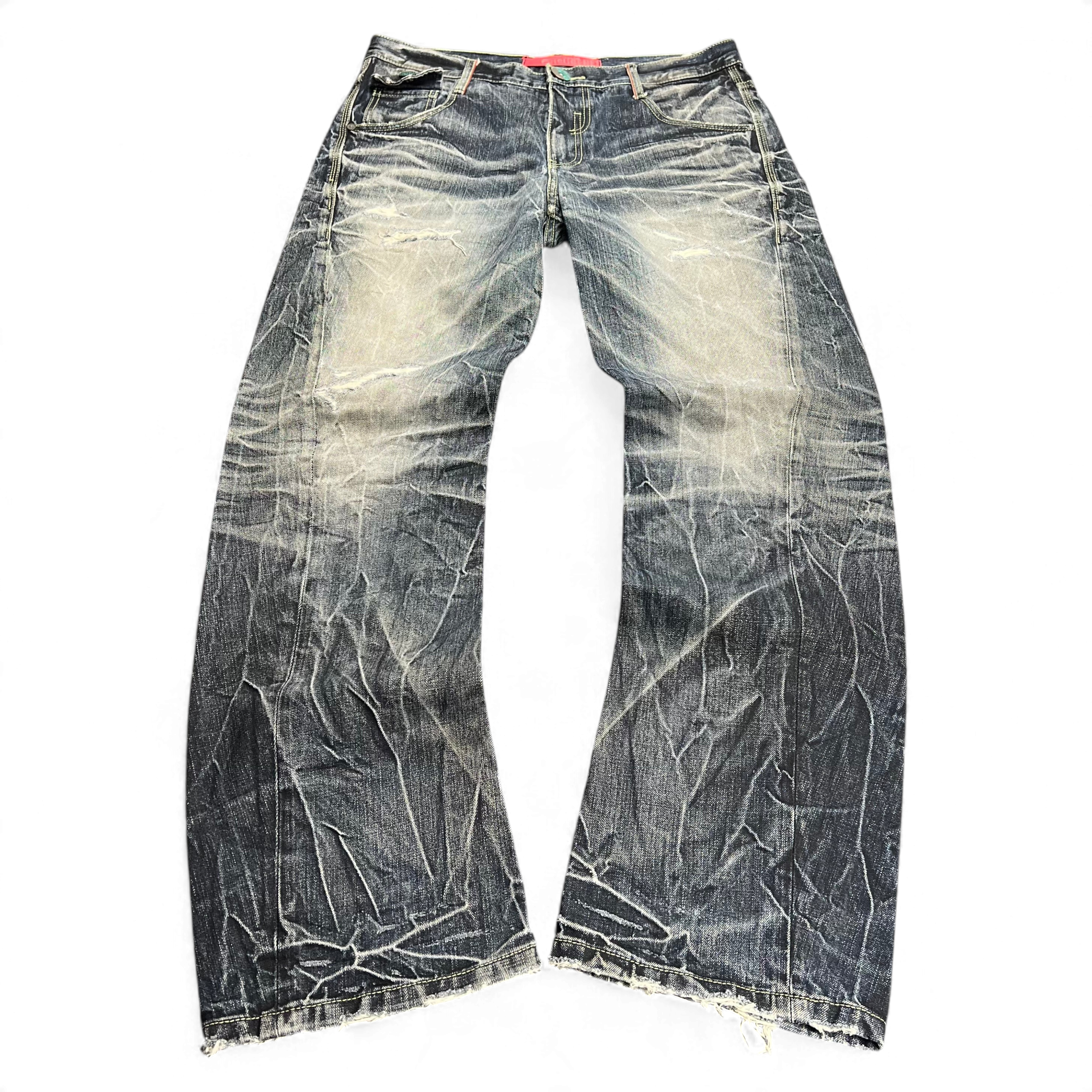 TWC Vintage Evisu KC Baggy Jeans in verwaschenem Blau mit weitem Bein und Distressed-Details