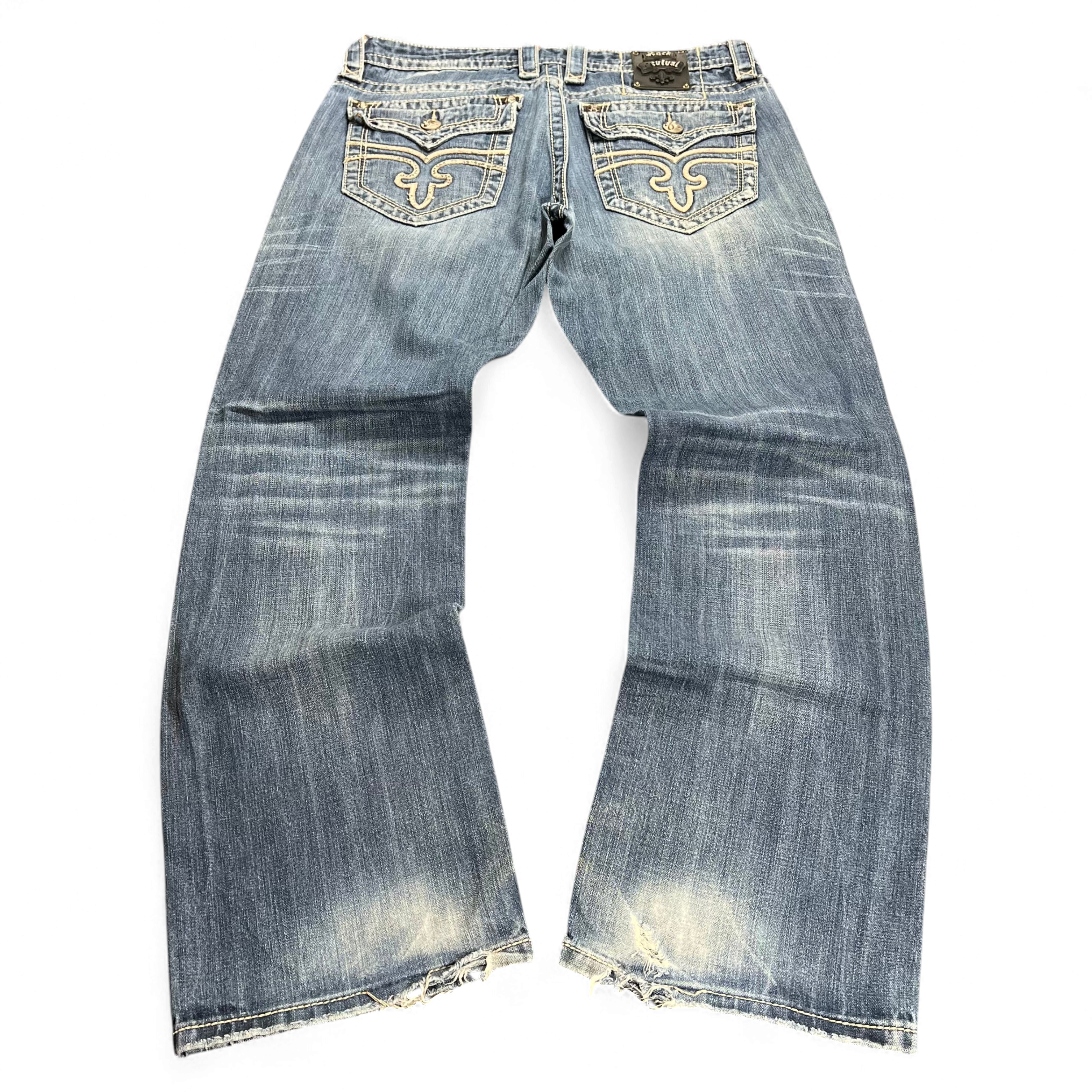 TWC Vintage Rock Revival Straight Jeans in blauem Denim mit aufwendigen Stickereien auf den Gesäßtaschen
