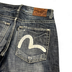TWC Vintage Evisu KC Straight Jeans in dunkelblauem Denim mit ikonischem weißem Seagull-Print auf der Gesäßtasche