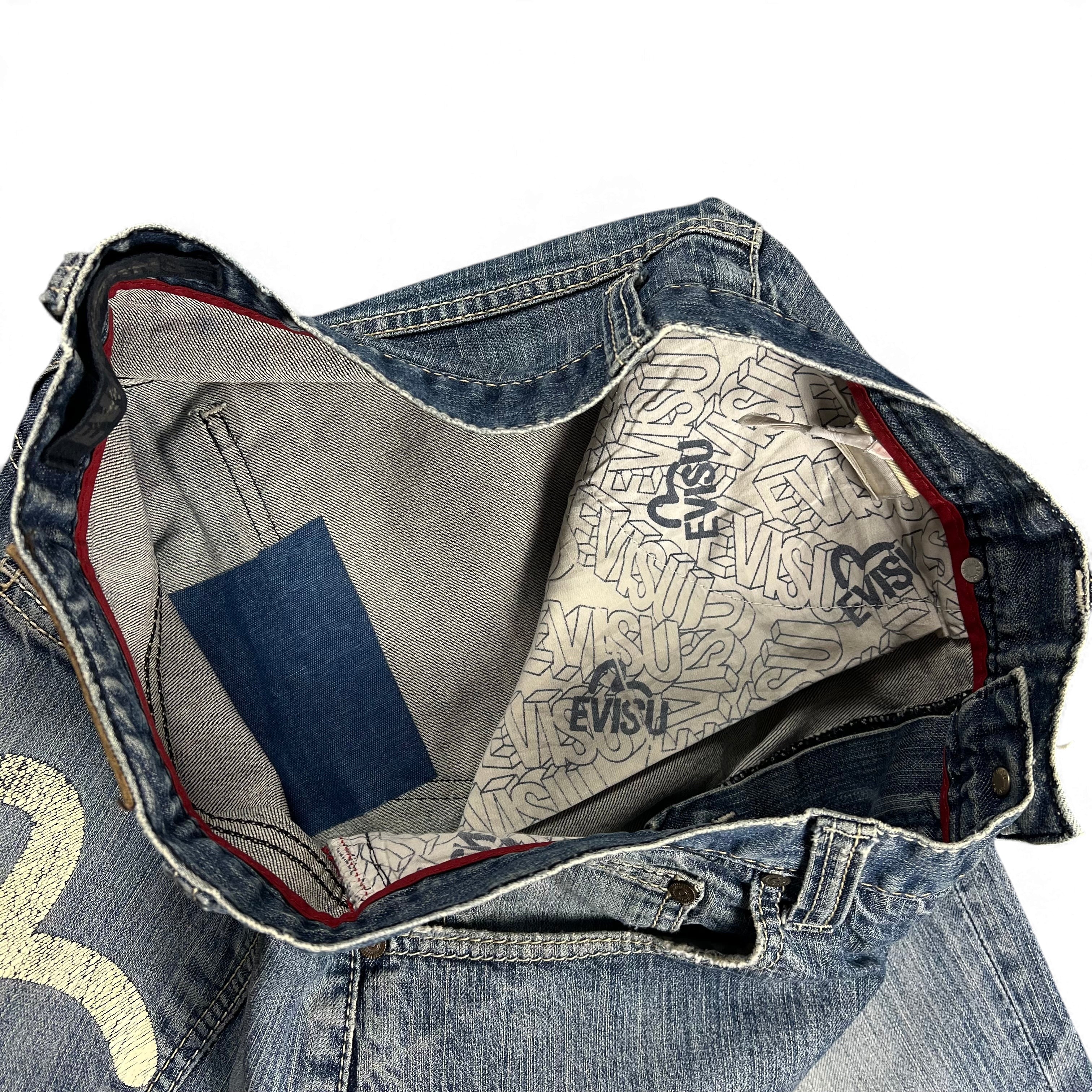TWC Vintage Evisu KC Straight Jeans mit blauem Denim und markantem Logo-Innenfutter