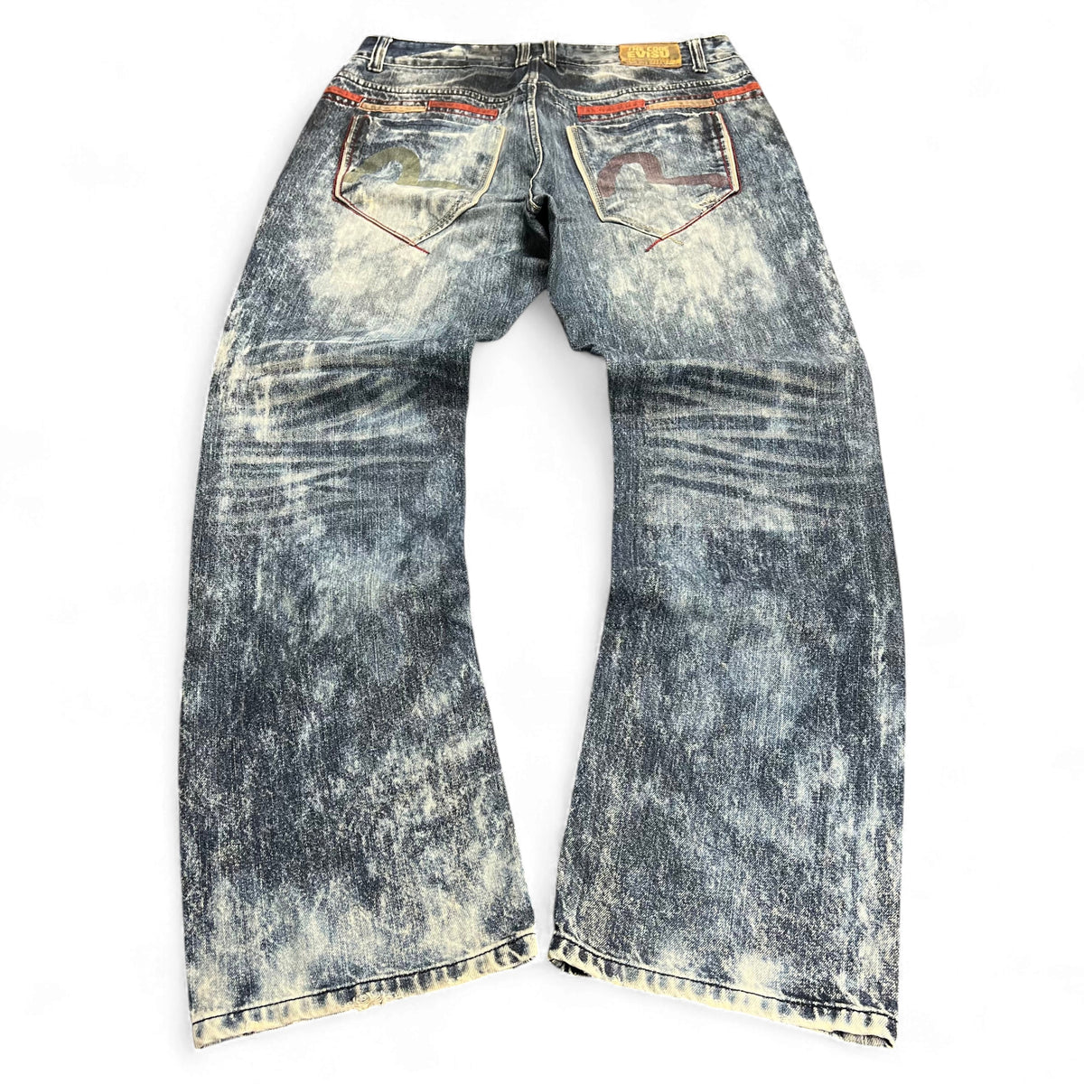 TWC Vintage Evisu KC Straight Jeans in verwaschenem Blau mit markanten Gesäßtaschen und Vintage-Waschung