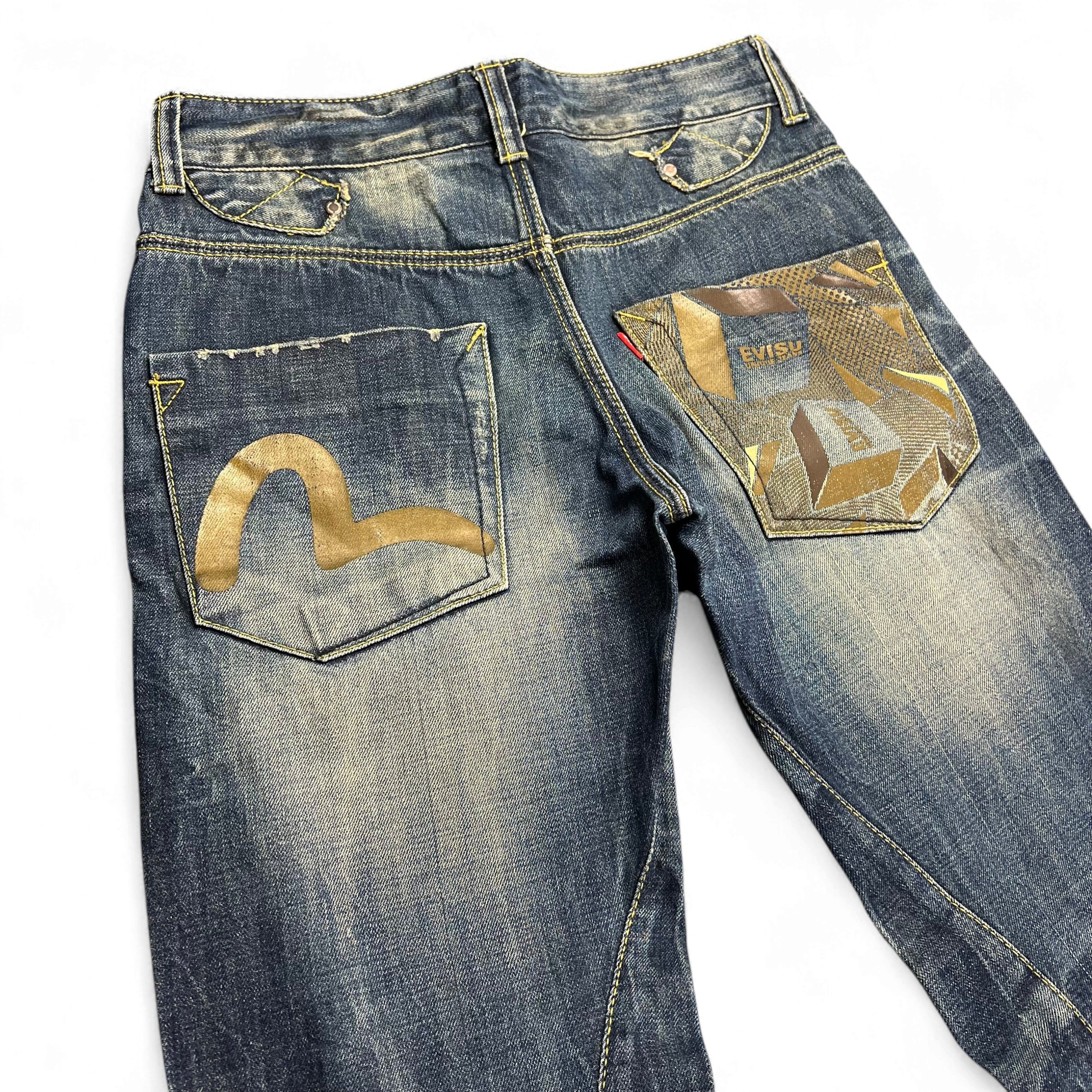 TWC Vintage Evisu KC Straight Jeans in blauem Denim mit charakteristischen Logo-Taschen und geometrischem Muster
