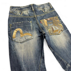 TWC Vintage Evisu KC Straight Jeans in blauem Denim mit charakteristischen Logo-Taschen und geometrischem Muster