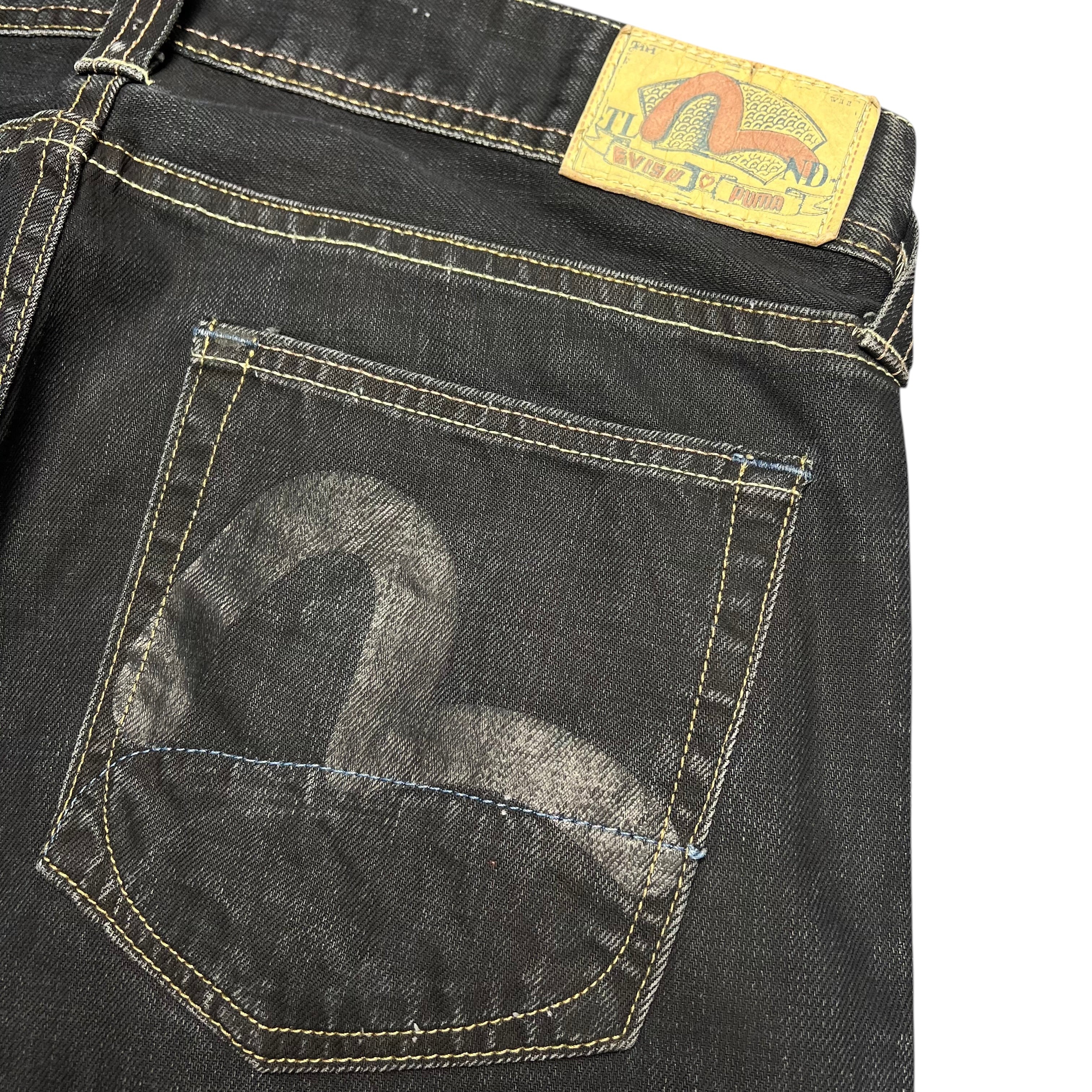 TWC Vintage Evisu x Puma Bootcut Jeans in Schwarz mit ikonischem Seagull-Print auf der Gesäßtasche