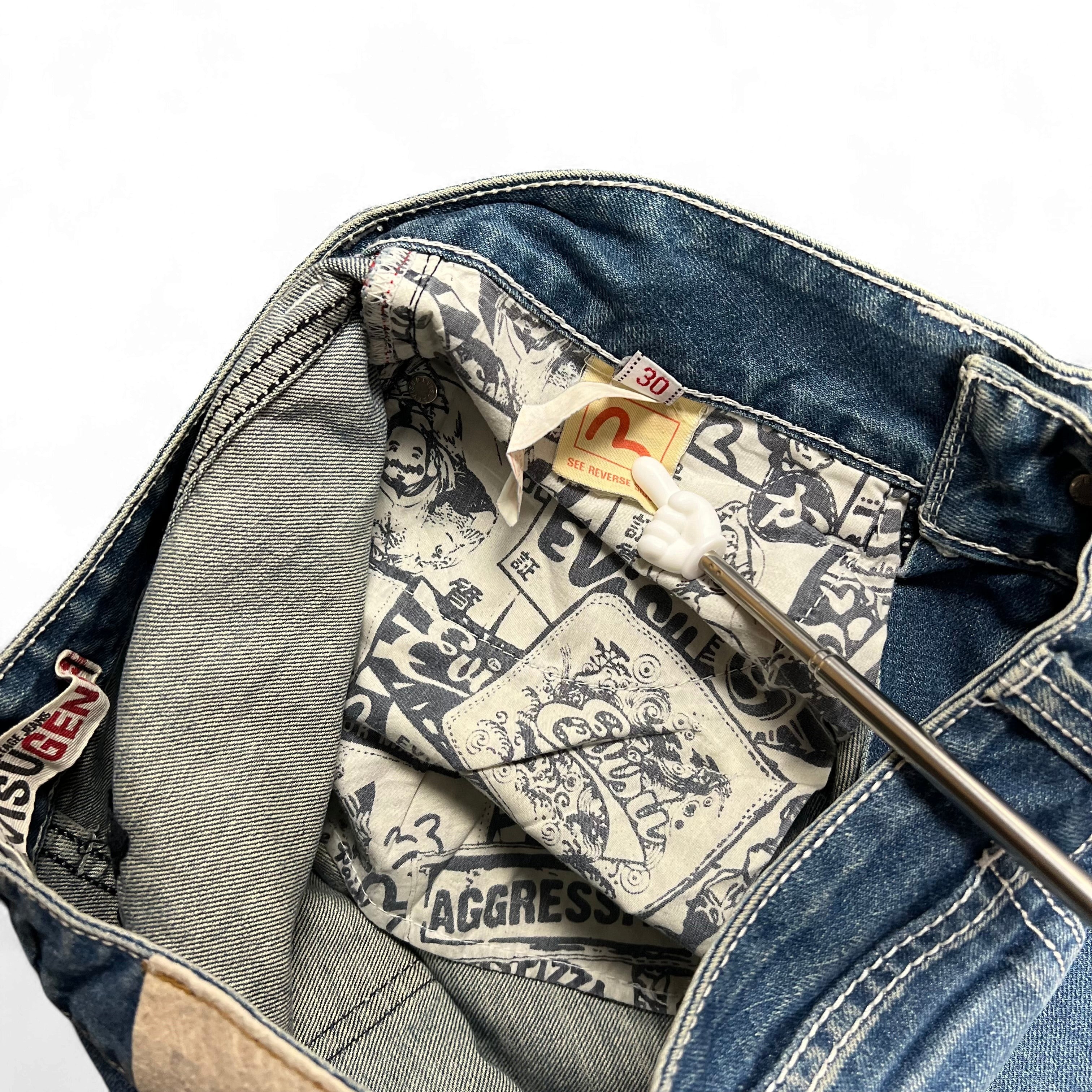 TWC Vintage Evisu KC Straight Jeans mit blauem Denim und bedrucktem Innenfutter im Taillenbereich