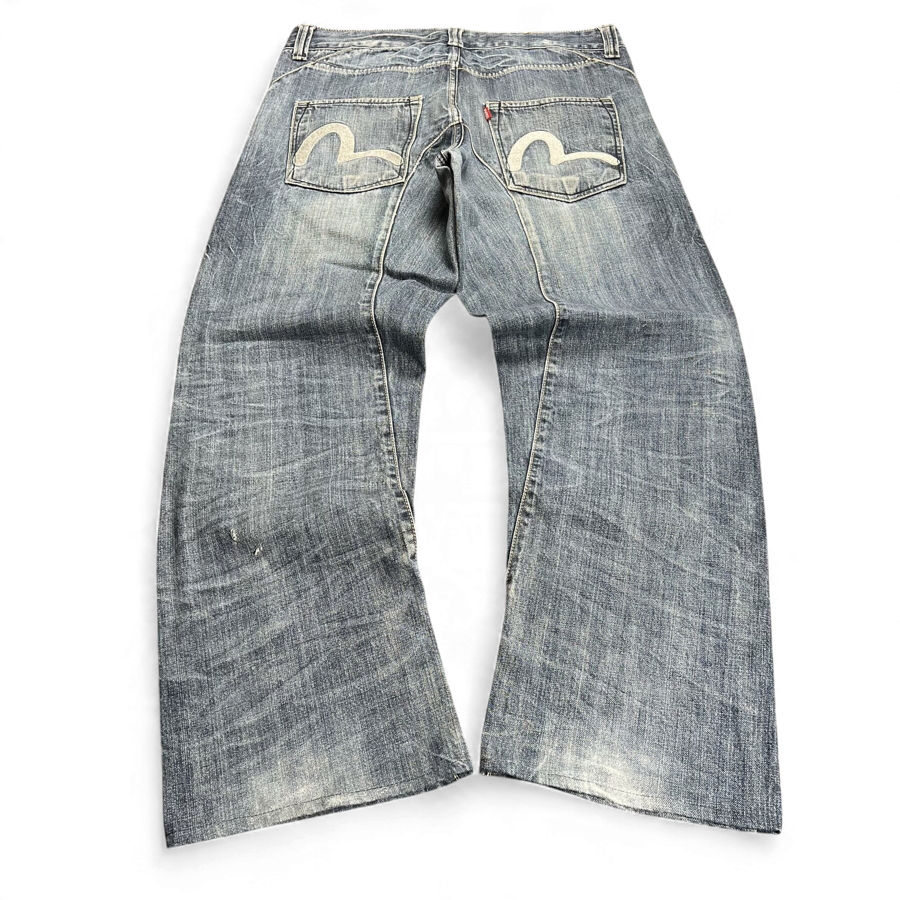 TWC Vintage Evisu Jeans mit geradem Bein in verwaschenem Blau und ikonischem Seagull-Print auf den Gesäßtaschen