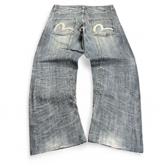 TWC Vintage Evisu Jeans mit geradem Bein in verwaschenem Blau und ikonischem Seagull-Print auf den Gesäßtaschen