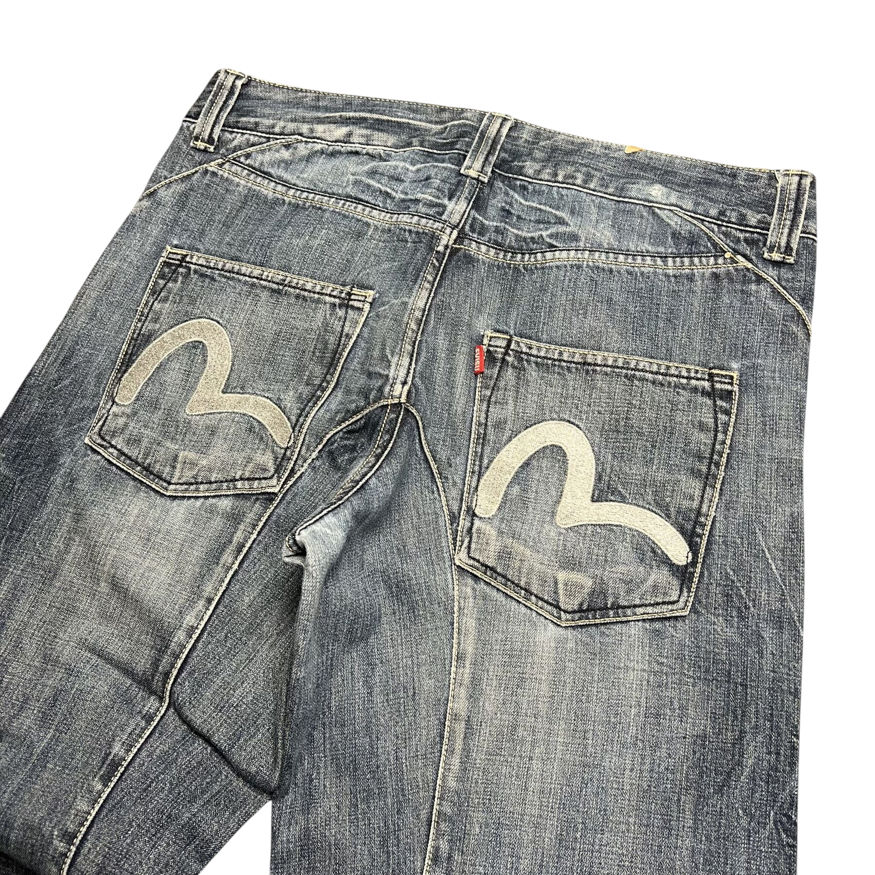 TWC Vintage Evisu Straight Jeans in verwaschenem Blau mit ikonischen weißen Seagull-Stickereien auf den Gesäßtaschen