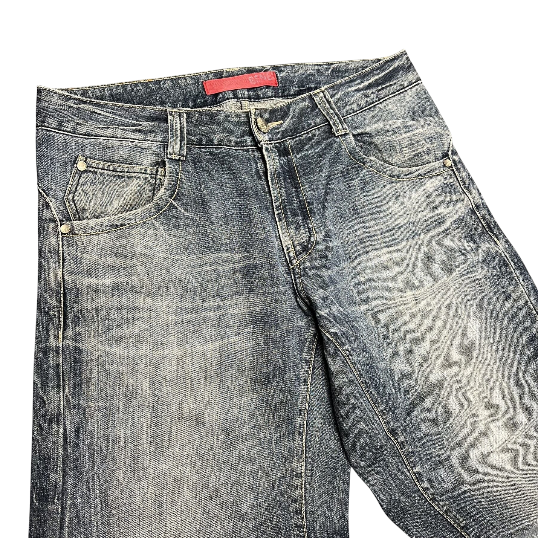 TWC Vintage Evisu Straight Jeans in verwaschenem Blau mit klassischem Five-Pocket-Design und Knopfverschluss