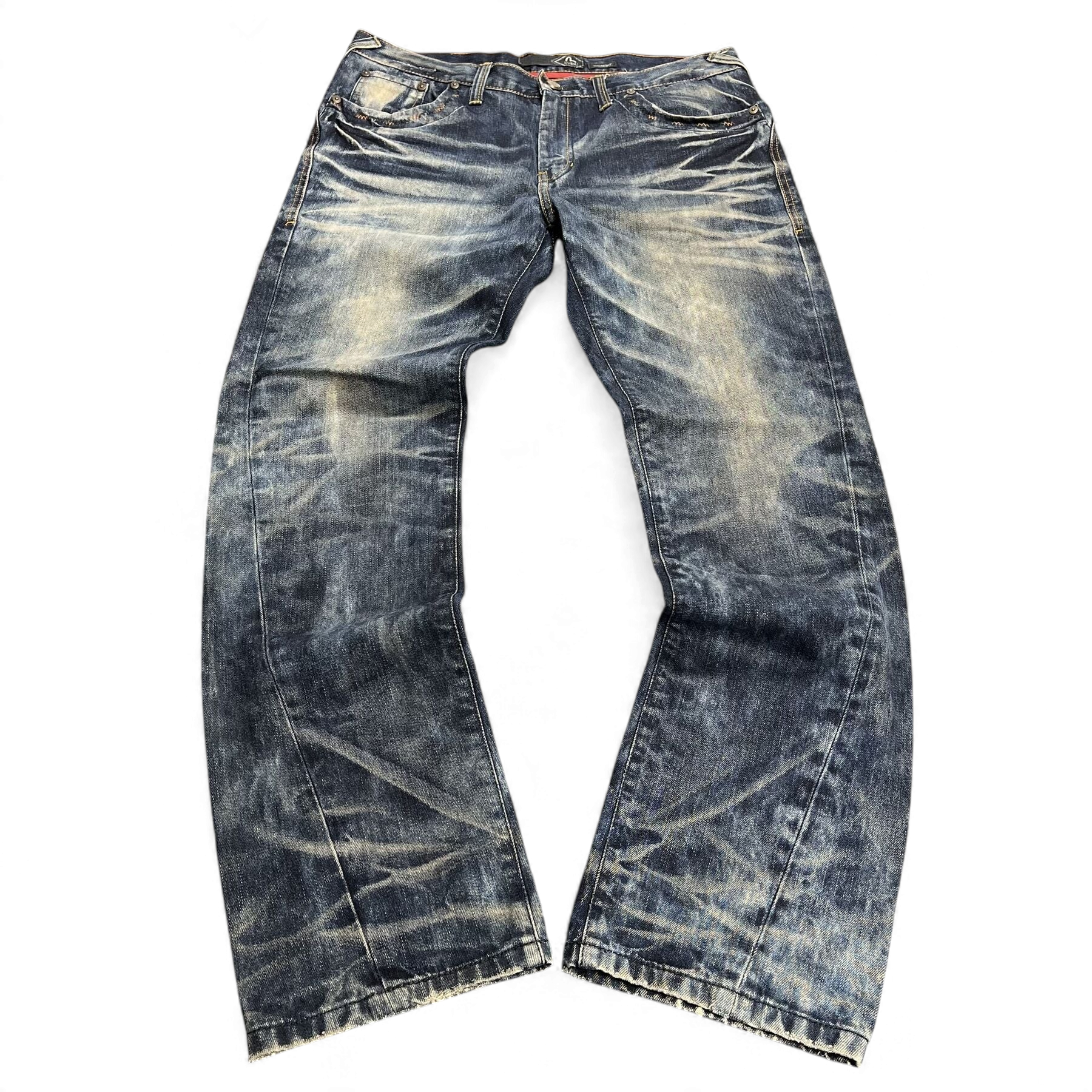 TWC Vintage Evisu Straight Jeans in verwaschenem Blau mit markanter Waschung und geradem Schnitt