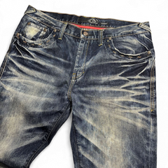 TWC Vintage Evisu Straight Jeans in verwaschenem Dunkelblau mit markanten Whiskers und Kontrastnähten