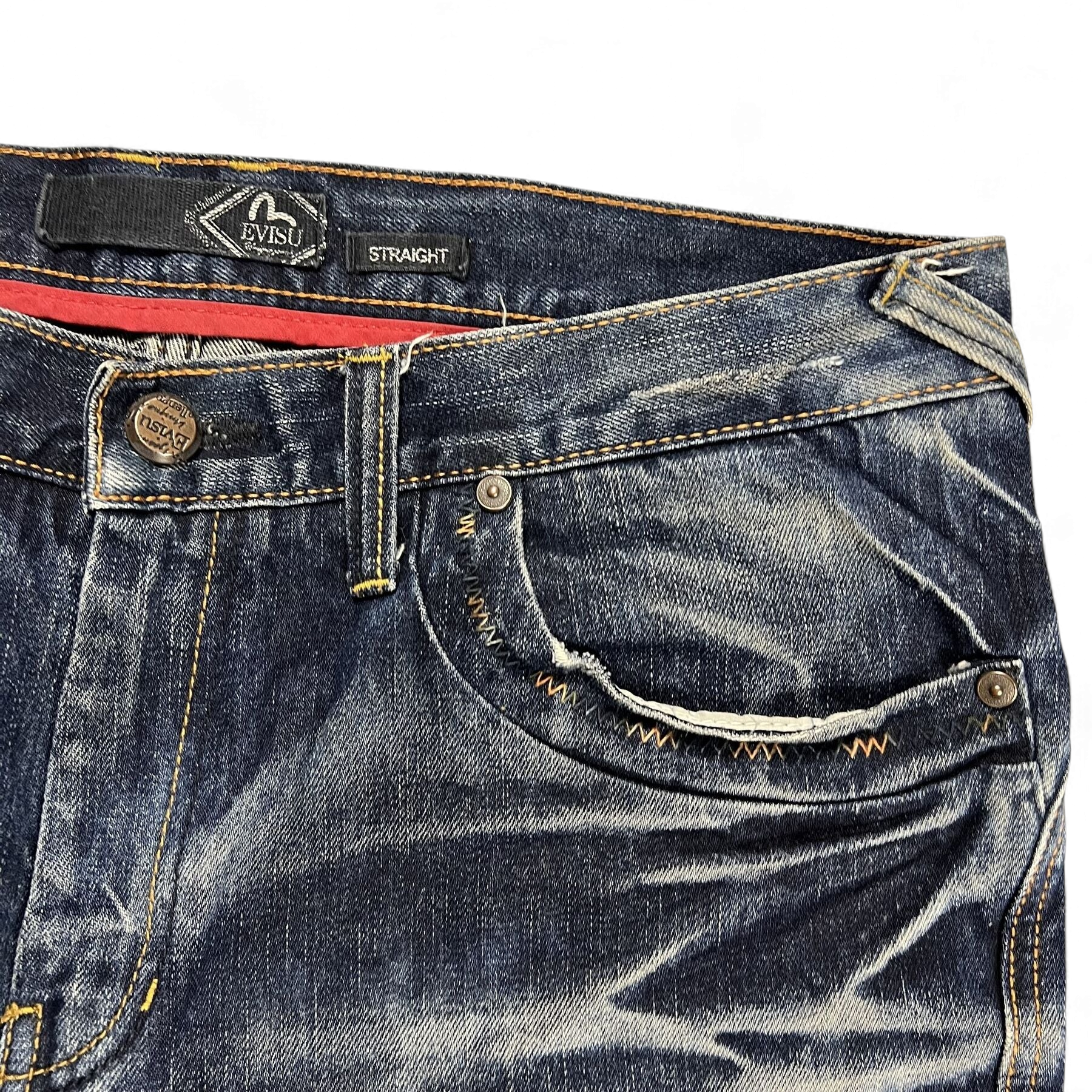 TWC Vintage Evisu Straight Jeans in verwaschenem Blau mit markanten Ziernähten an der Vordertasche