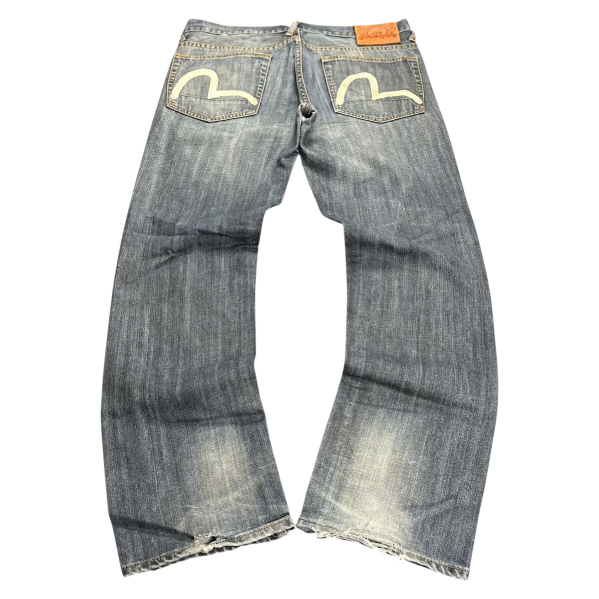 TWC Vintage Evisu Straight Jeans in verwaschenem Blau mit ikonischem Seagull-Logo auf den Gesäßtaschen