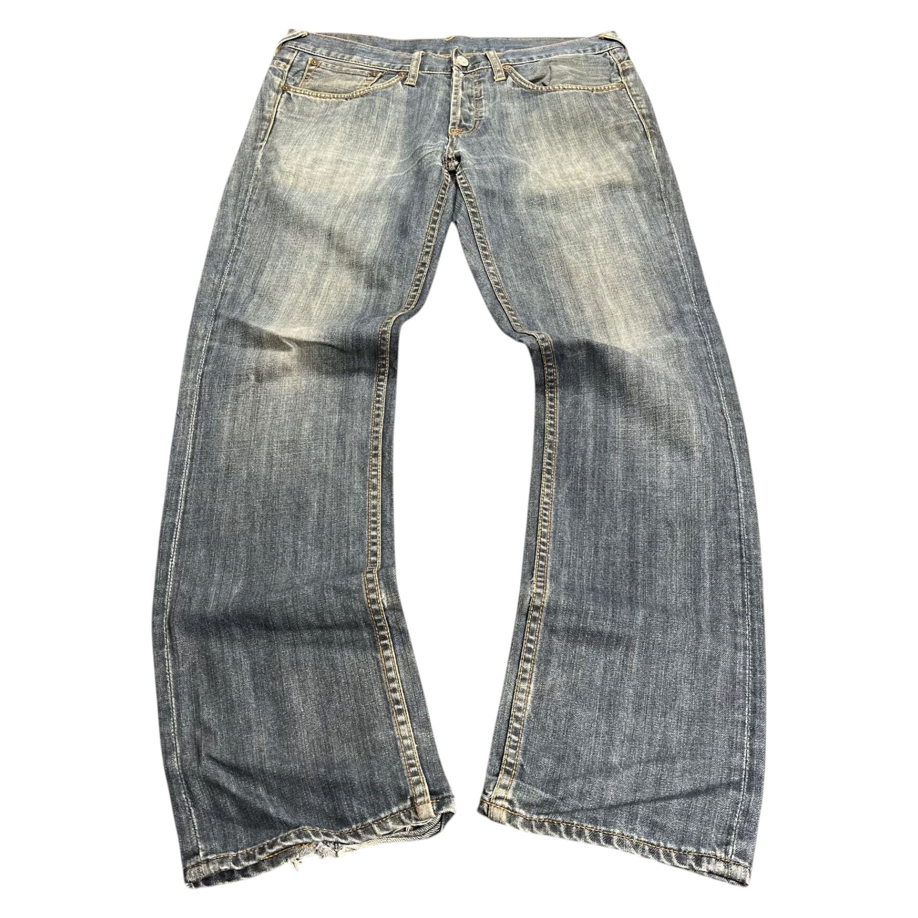 TWC Vintage Evisu Straight Jeans in verwaschenem Blau mit geradem Schnitt und markanten Kontrastnähten
