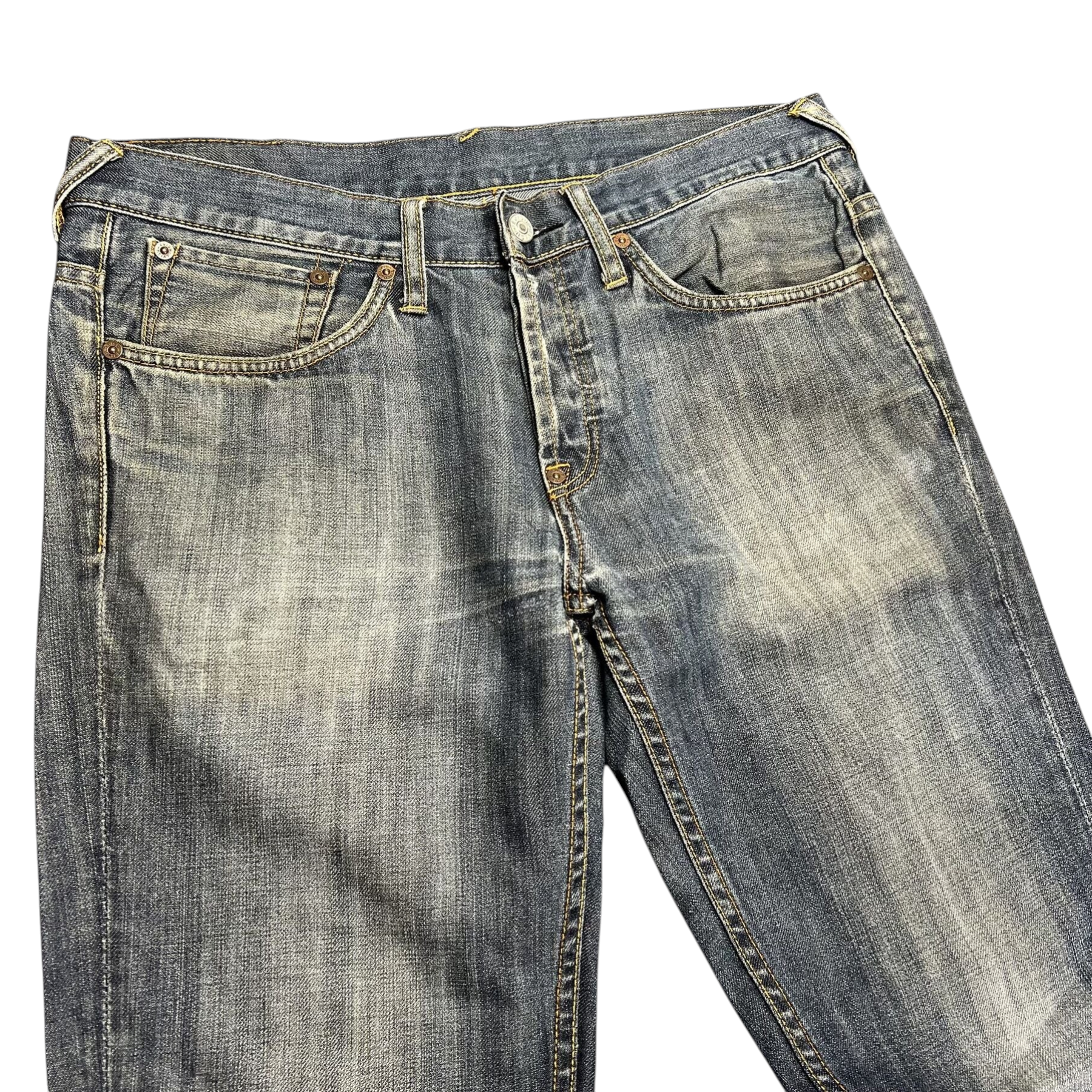 TWC Vintage Evisu Straight Jeans in verwaschenem Blau mit klassischem Five-Pocket-Design und Kontrastnähten