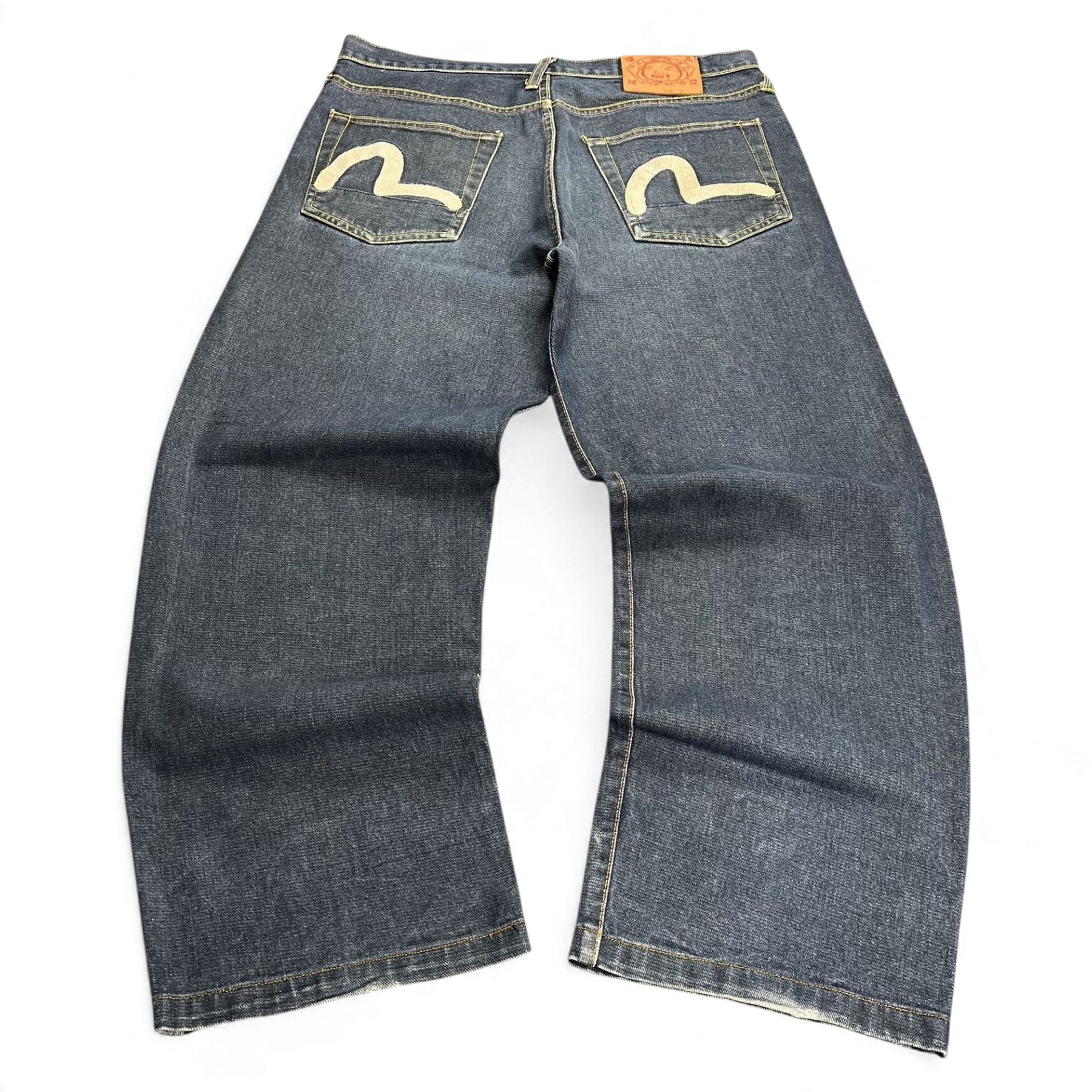 TWC Vintage Evisu Jeans mit geradem Schnitt in Dunkelblau mit ikonischem weißem Möwen-Print auf den Gesäßtaschen