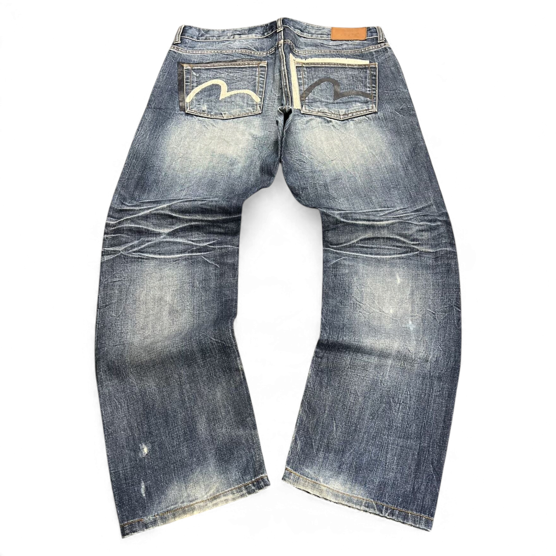 TWC Vintage Evisu Straight Jeans in verwaschenem Blau mit charakteristischem Seagull-Print auf den Gesäßtaschen