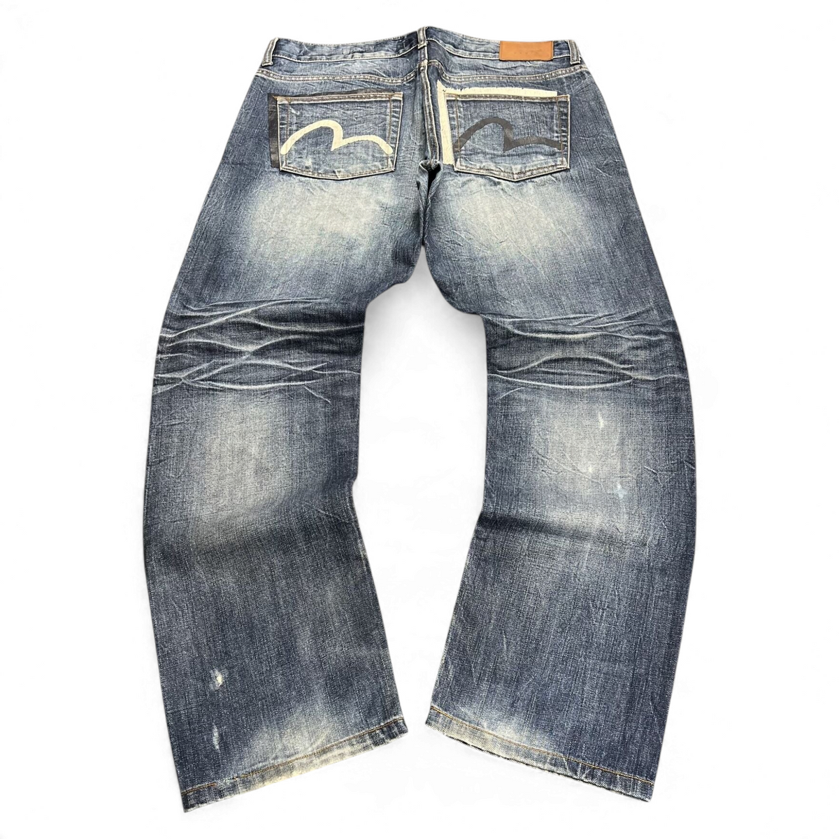 TWC Vintage Evisu Straight Jeans in verwaschenem Blau mit charakteristischem Seagull-Print auf den Gesäßtaschen