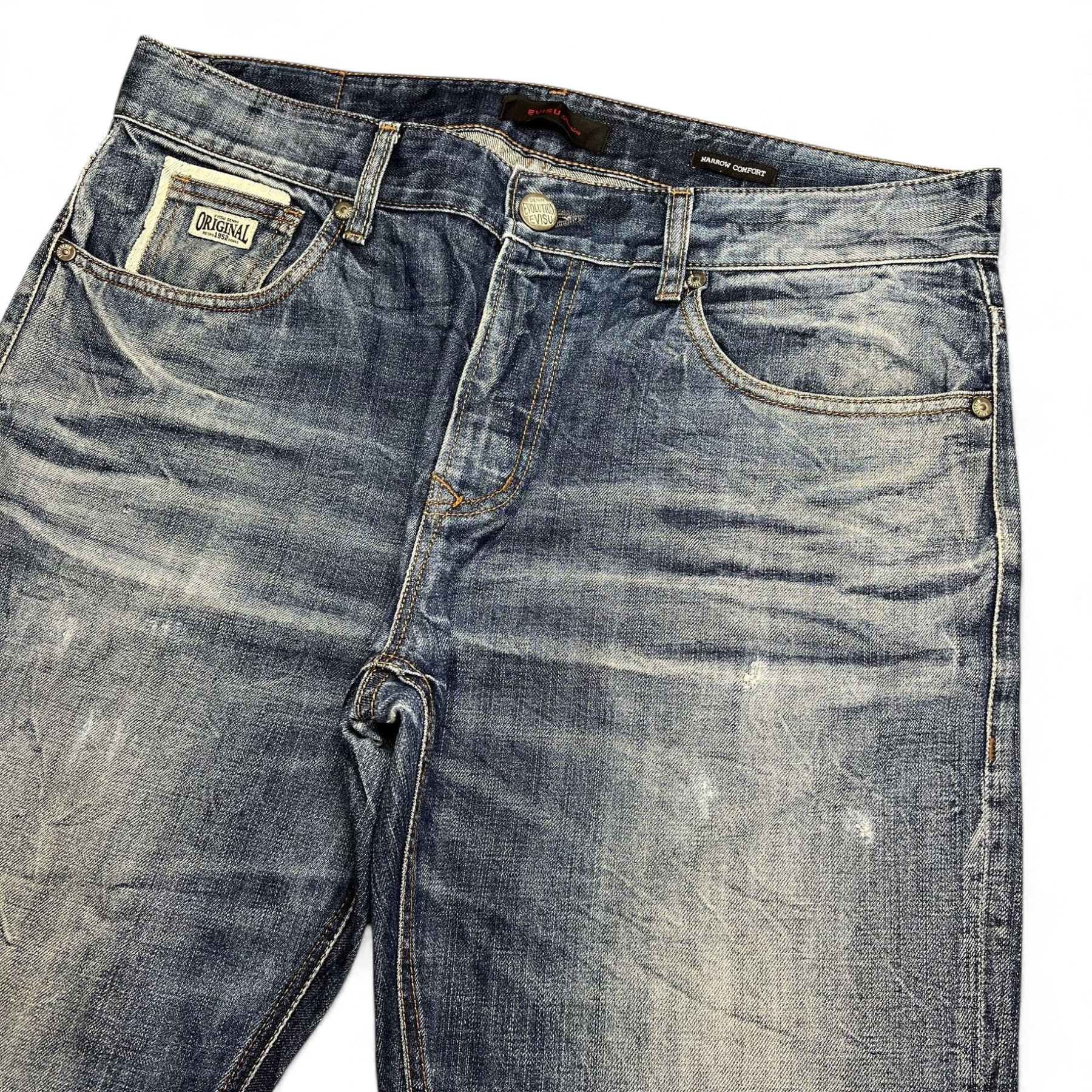 TWC Vintage Evisu Straight Jeans in verwaschenem Blau mit klassischem Five-Pocket-Design und Used-Look