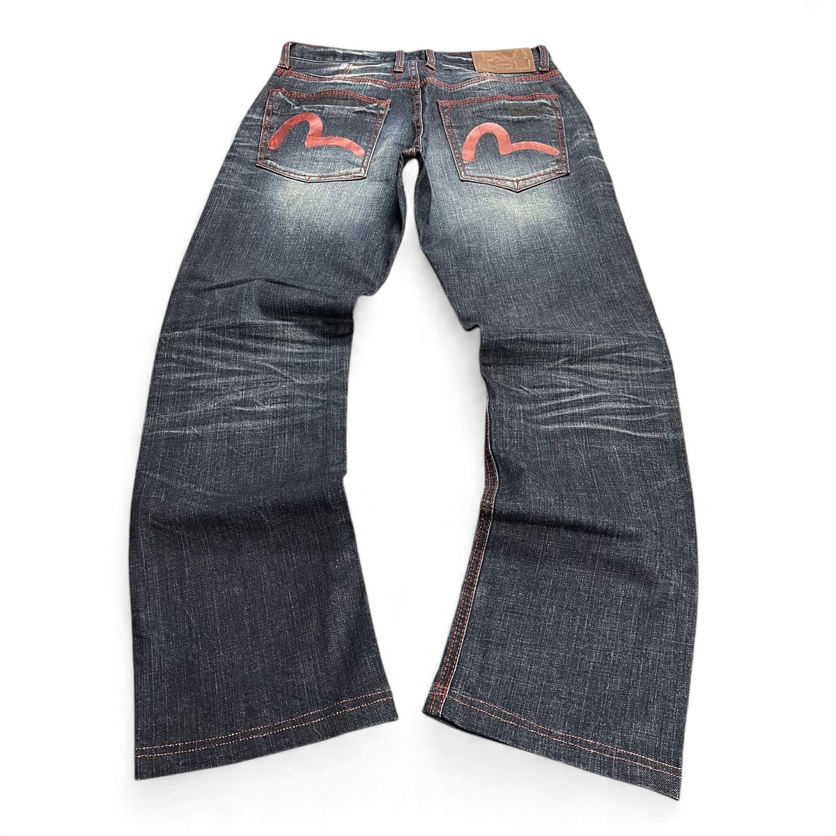 TWC Vintage Evisu Straight Jeans in dunklem Denim mit roten Nähten und ikonischem Seagull-Print auf den Gesäßtaschen