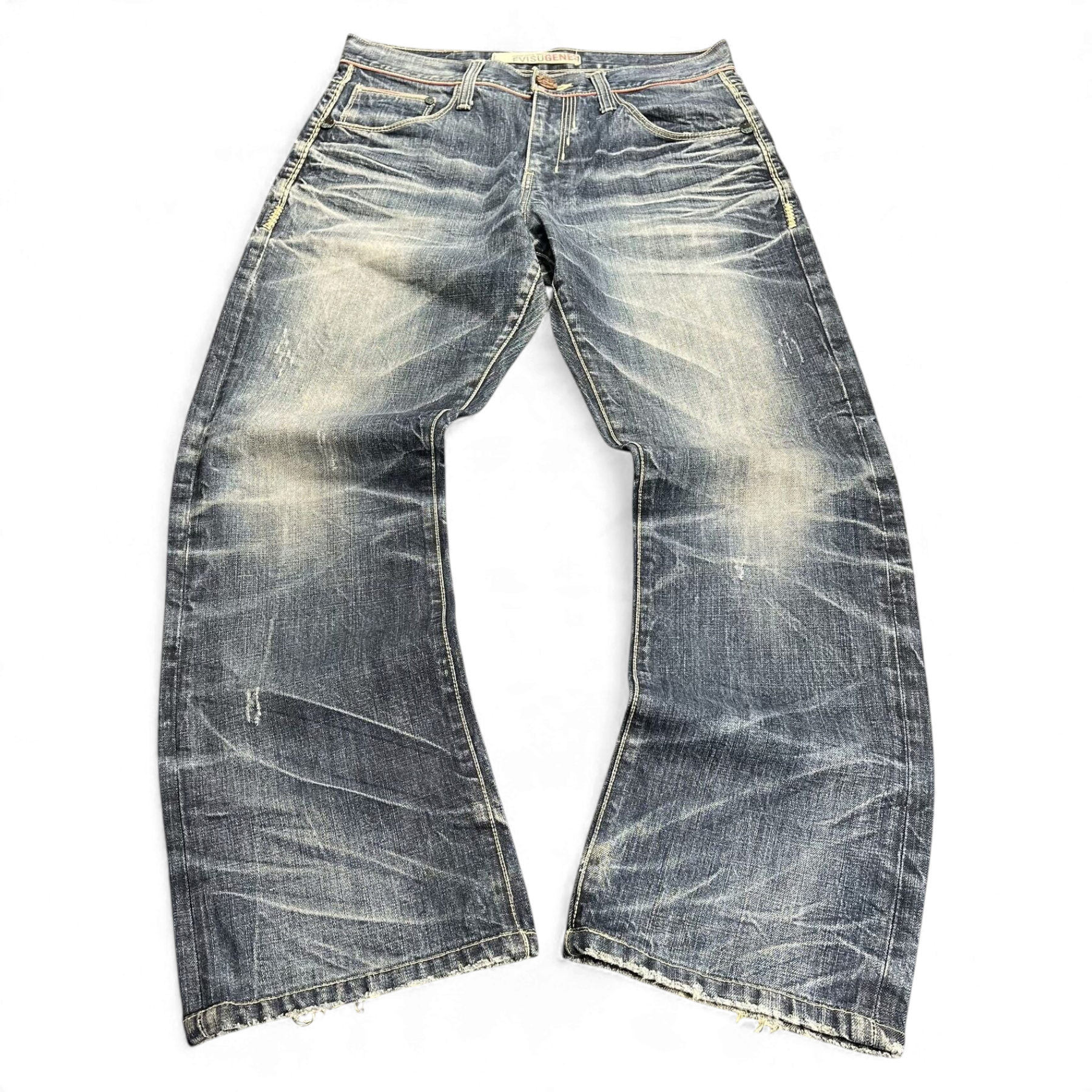TWC Vintage Evisu Jeans mit geradem Schnitt in verwaschenem Blau mit Distressed-Details und ausgefransten Säumen