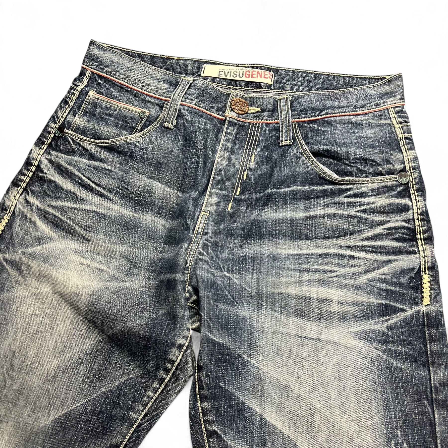 TWC Vintage Evisu Straight Jeans in verwaschenem Blau mit markanten Whiskers und Kontrastnähten