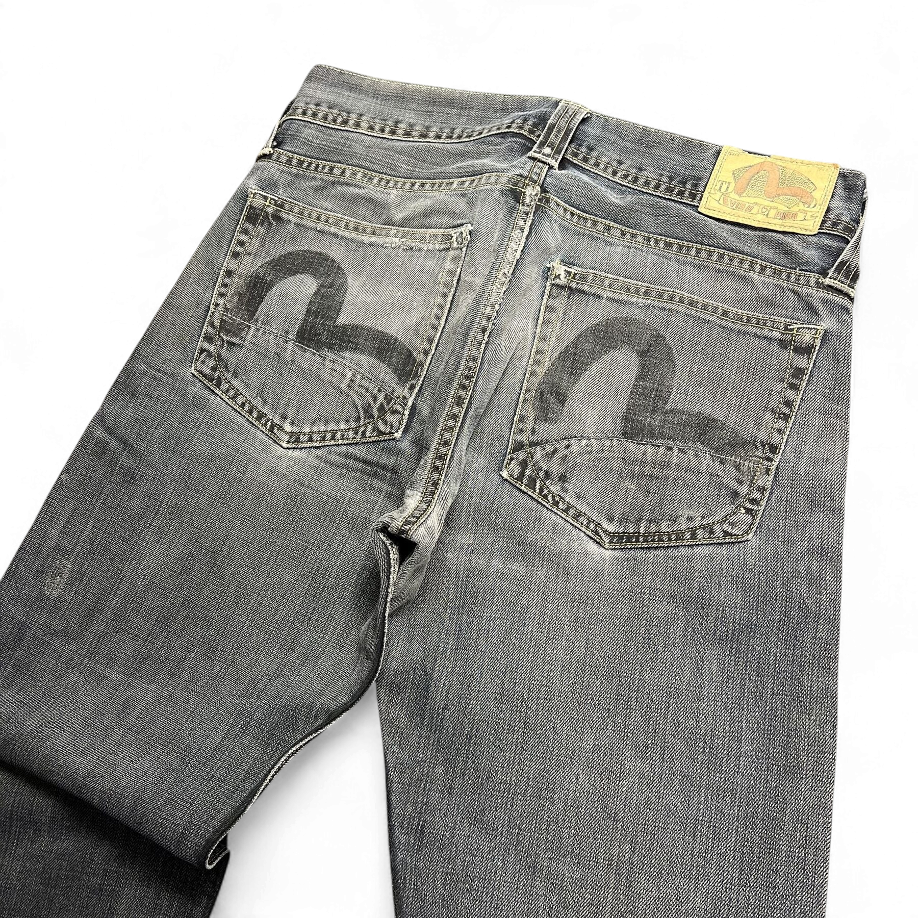 TWC Vintage Evisu Straight Jeans in verwaschenem Grau mit ikonischem Seagull-Logo auf den Gesäßtaschen