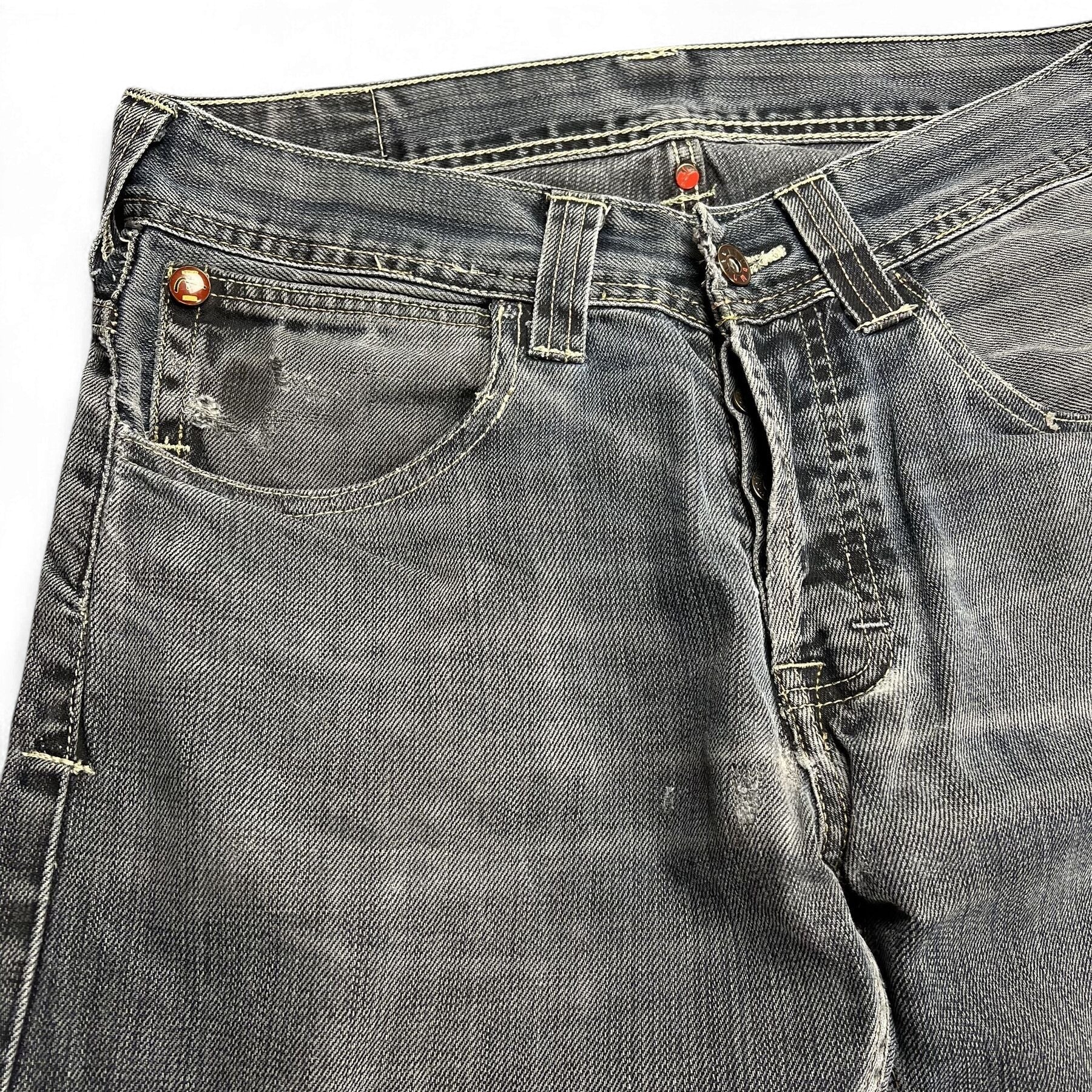 TWC Vintage Evisu Straight Jeans in verwaschenem Schwarz mit Knopfleiste und markanten Nieten