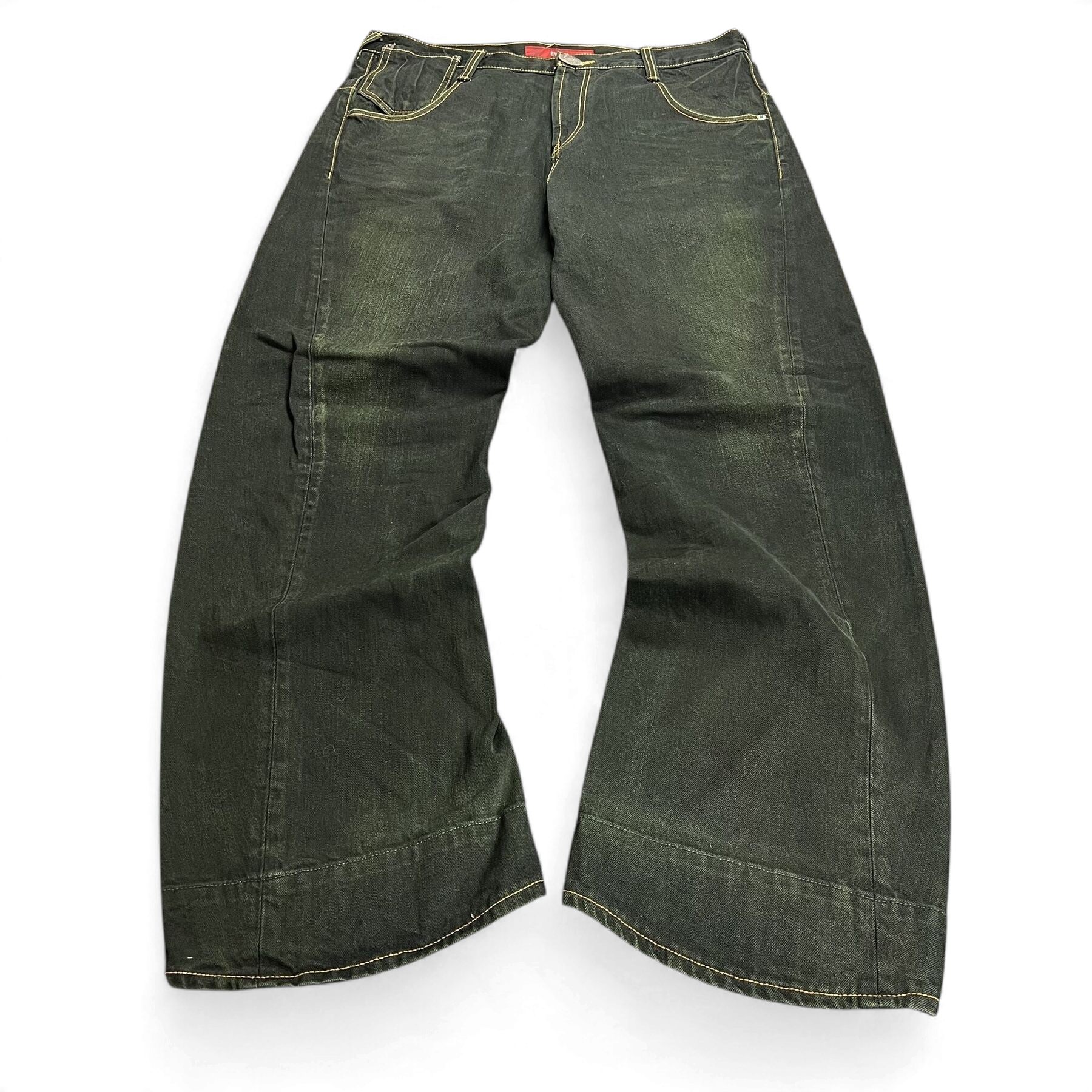 TWC Vintage Evisu Straight Jeans in verwaschenem Schwarz mit Kontrastnähten und weitem Bein