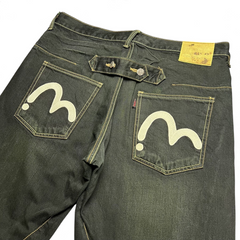TWC Vintage Evisu Straight Jeans in schwarz mit ikonischem weißem Seagull-Print auf den Gesäßtaschen und Rückengurt