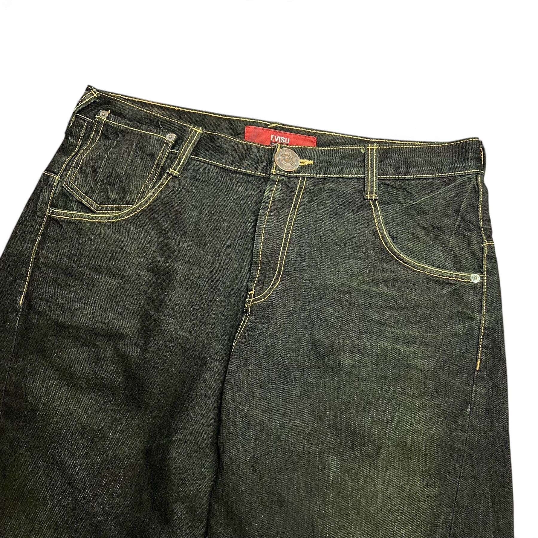 TWC Vintage Evisu Straight Jeans in Schwarz mit gelben Kontrastnähten und klassischem Knopfverschluss