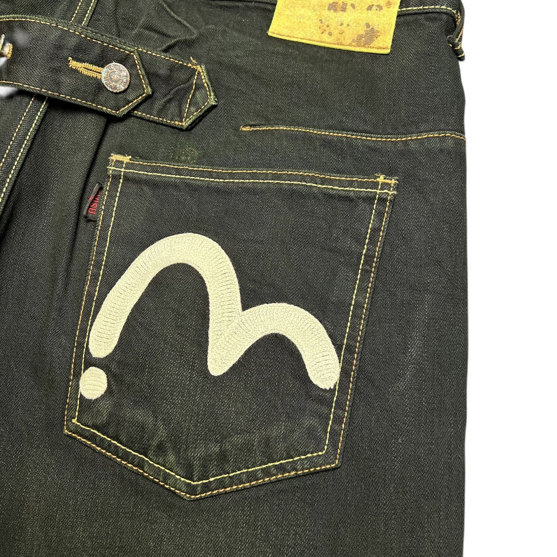 TWC Vintage Evisu Straight Jeans in Schwarz mit ikonischem weißem Seagull-Stick auf der Gesäßtasche