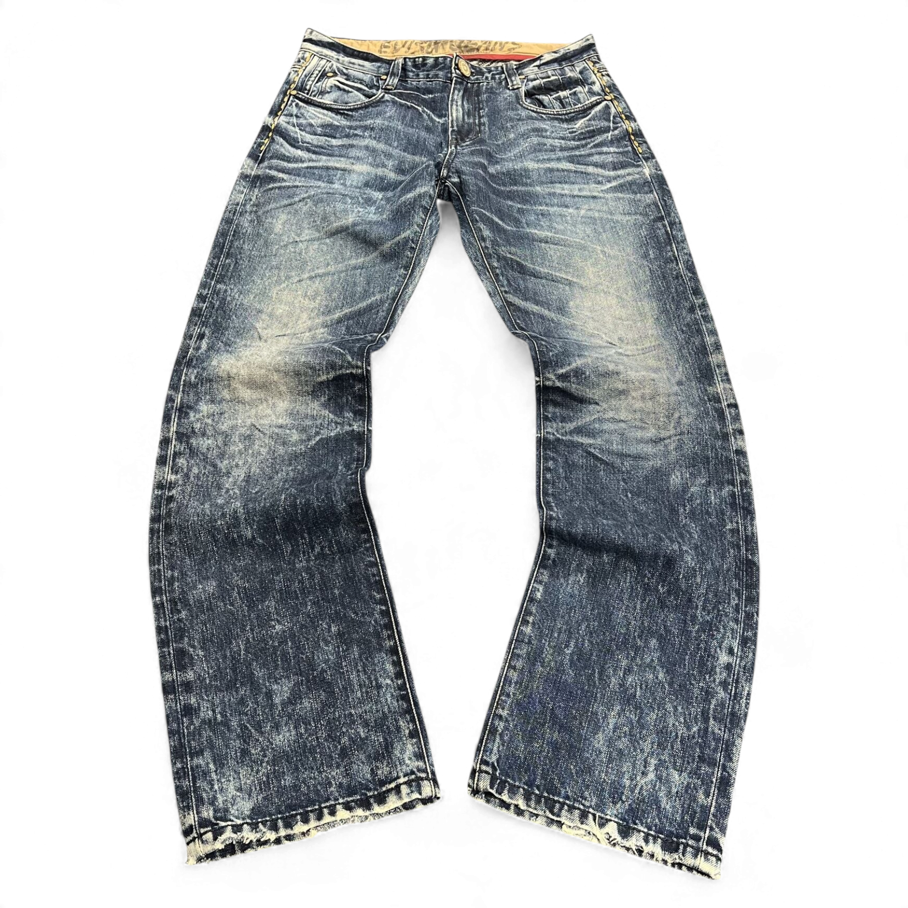 TWC Vintage Evisu Jeans mit geradem Schnitt in verwaschener blauer Denim-Optik und ausgefransten Beinabschlüssen