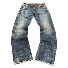 TWC Vintage Evisu Jeans mit geradem Schnitt in verwaschener blauer Denim-Optik und ausgefransten Beinabschlüssen