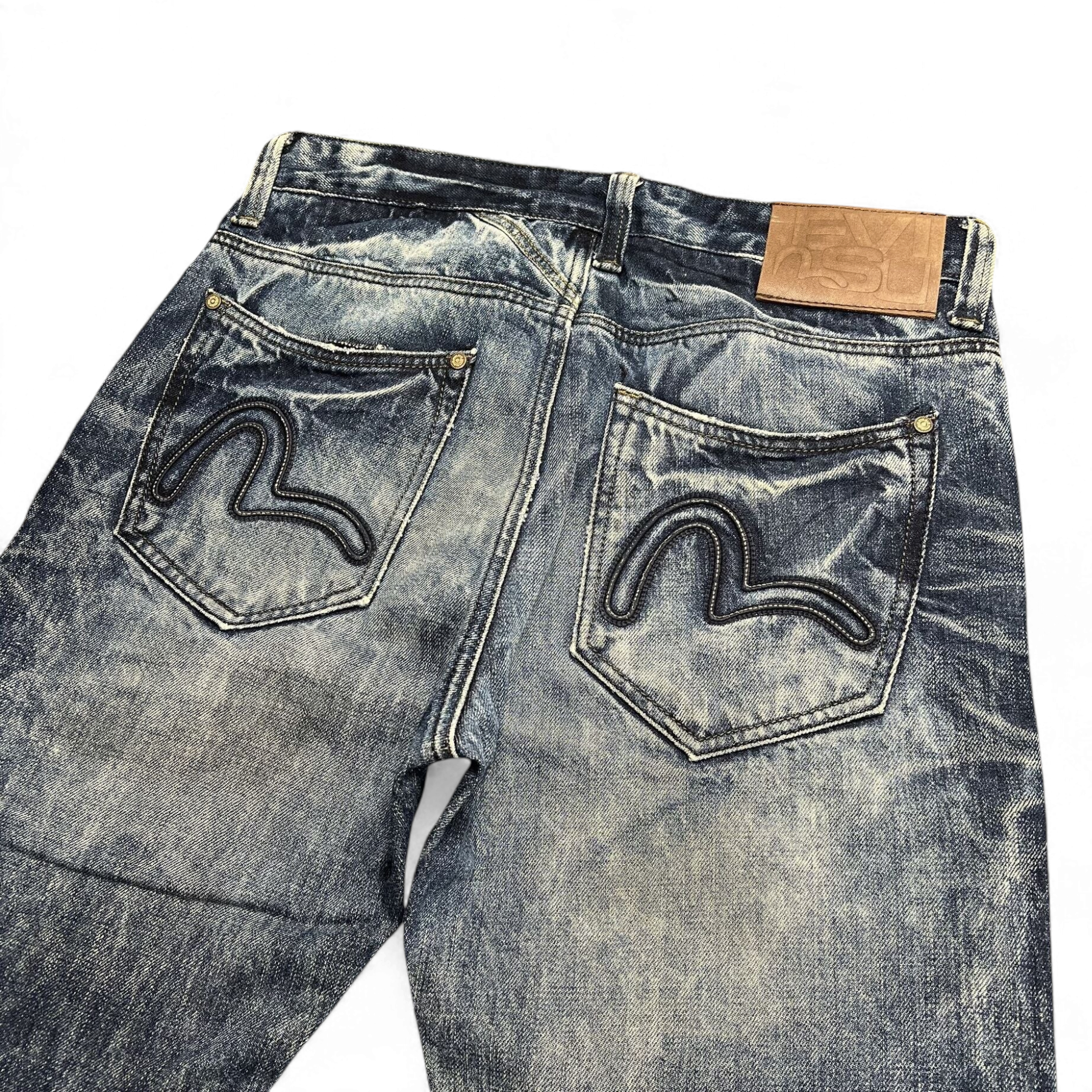 TWC Vintage Evisu Straight Jeans in verwaschenem Blau mit ikonischem Seagull-Stitching auf den Gesäßtaschen