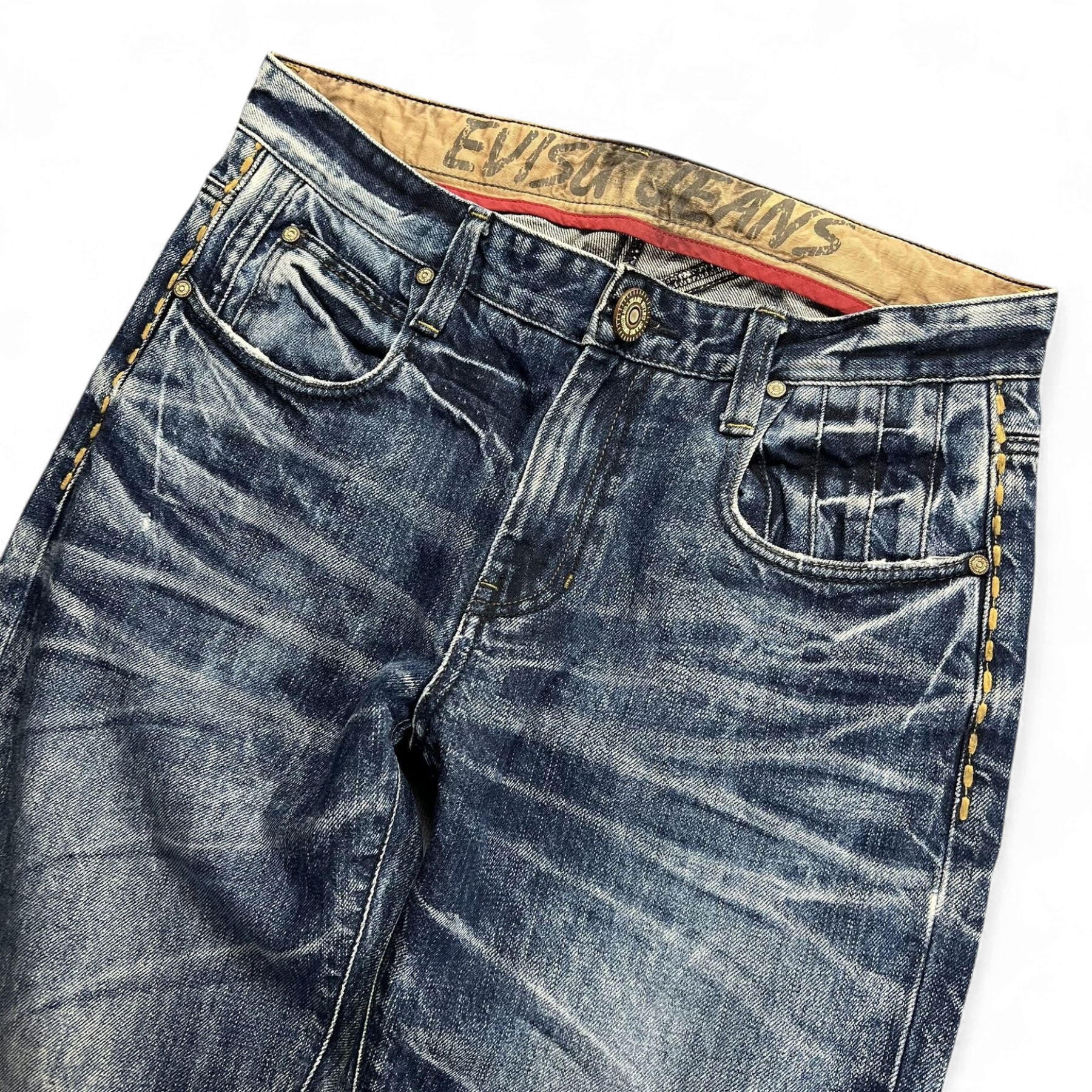 TWC Vintage Evisu Straight Jeans in verwaschenem Blau mit markanten Kontrastnähten und Logo-Innenbund