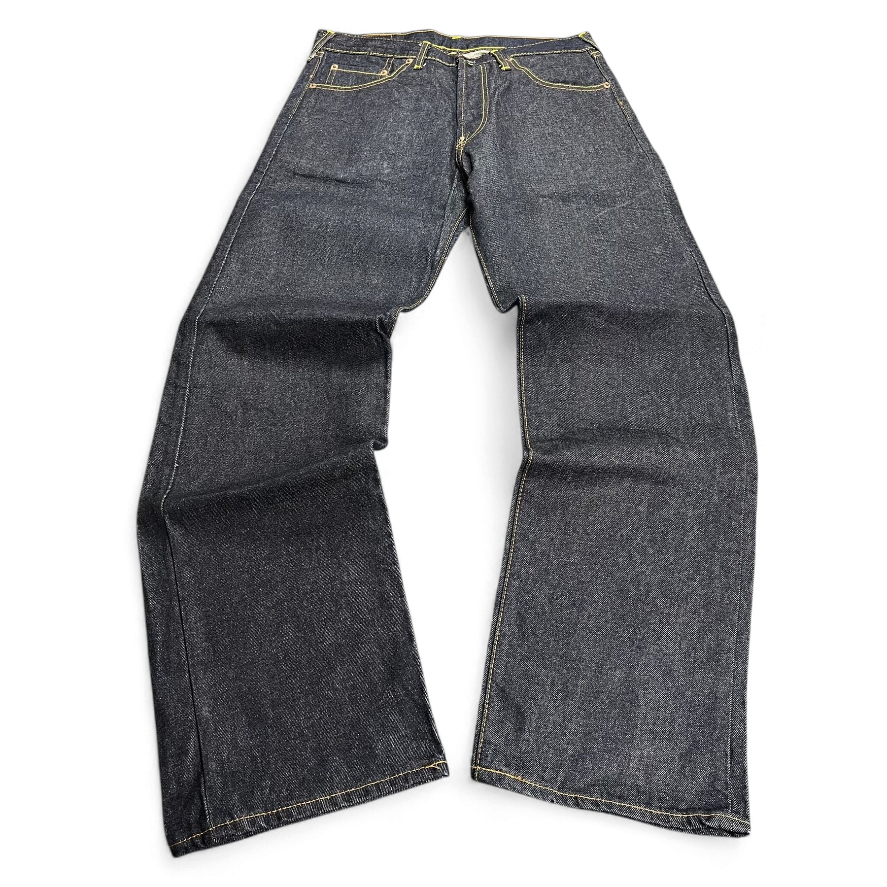 TWC Vintage Evisu Straight Jeans aus dunkelblauem Denim mit Kontrastnähten im geraden Schnitt