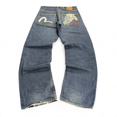 TWC Vintage Evisu Jeans mit geradem Schnitt, dunkelblauem Denim und aufwendigen Stickereien auf den Gesäßtaschen