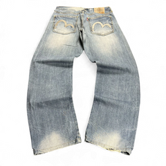 TWC Vintage Evisu Straight Jeans in verwaschenem Blau mit ikonischen Seagull-Stickereien auf den Gesäßtaschen