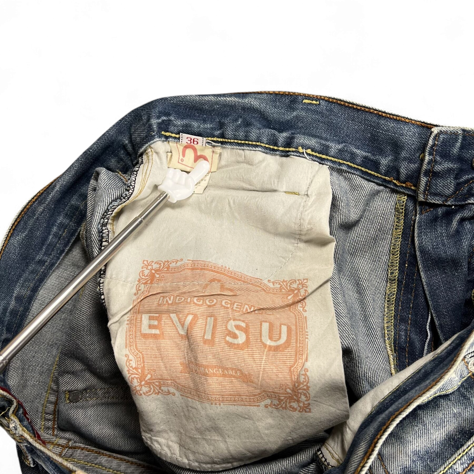 TWC Vintage Evisu Straight Jeans mit Innenetikett und Indigo Gen Branding in verwaschenem Blau