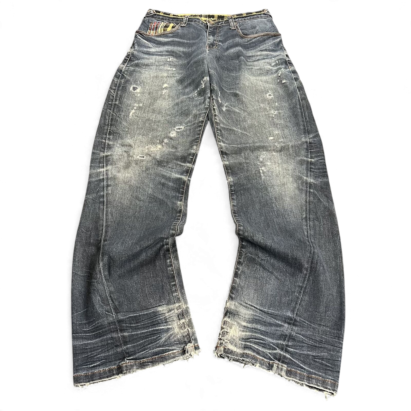 TWC Vintage Evisu Straight Jeans in verwaschenem Blau mit Distressed-Details und ausgefransten Beinabschlüssen