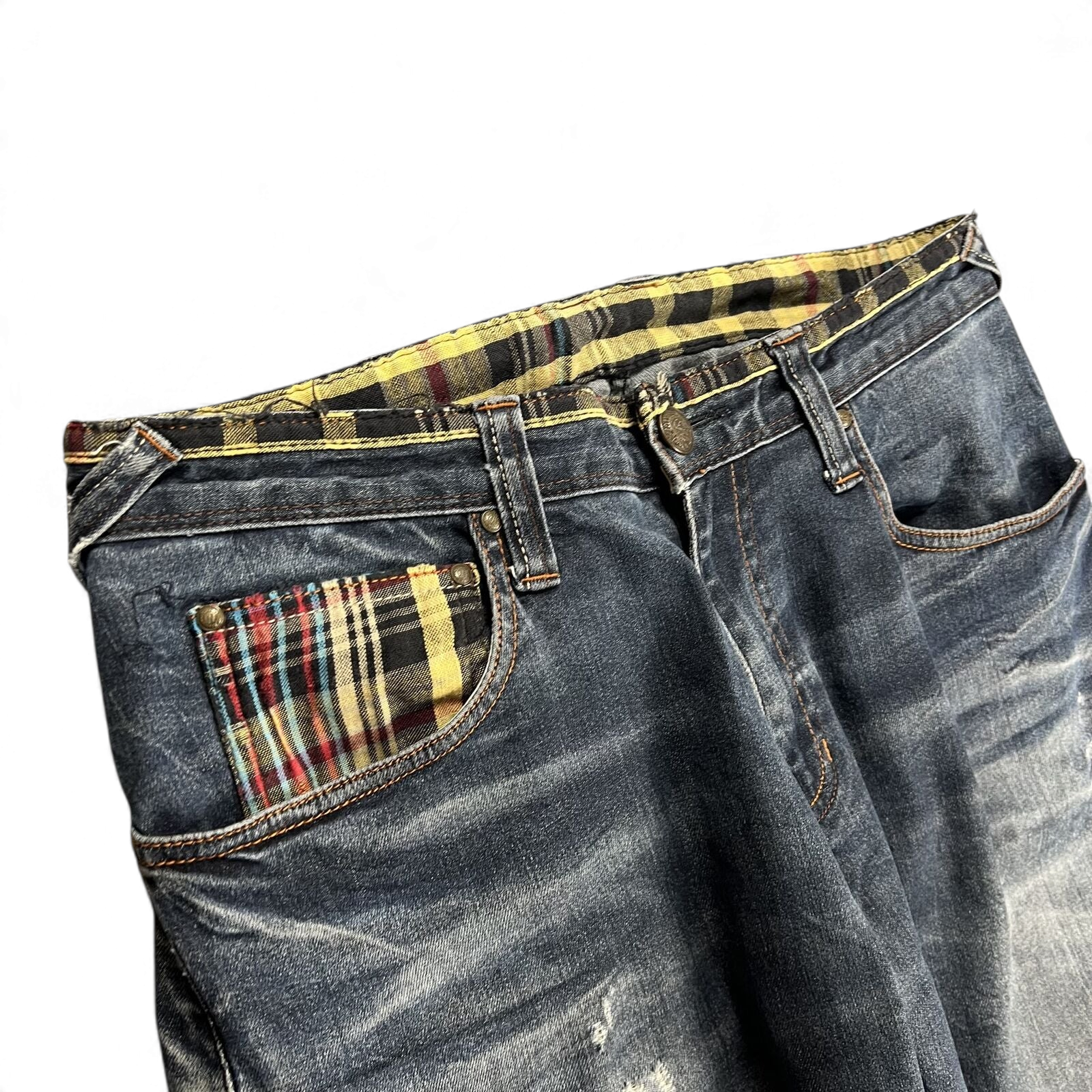 TWC Vintage Evisu Jeans mit geradem Schnitt, verwaschenem Denim und kariertem Innenfutter an Taschen und Bund