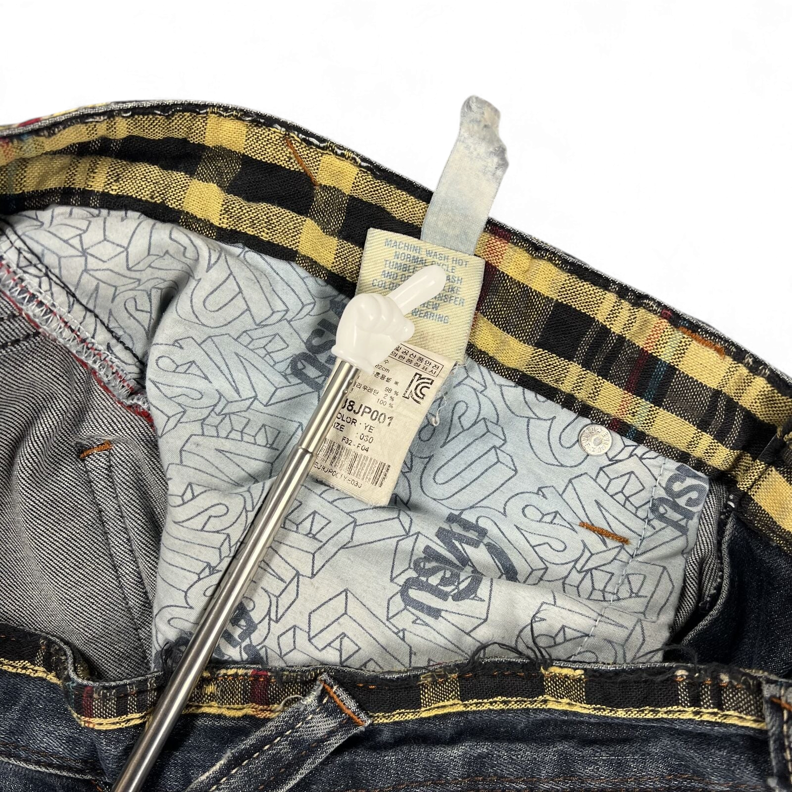 TWC Vintage Evisu Straight Jeans mit kariertem Innenbund und Logo-Print-Futter