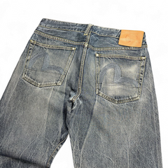TWC Vintage Evisu Jeans mit geradem Schnitt, verwaschenem Denim und ikonischen Seagull-Stickereien auf den Taschen