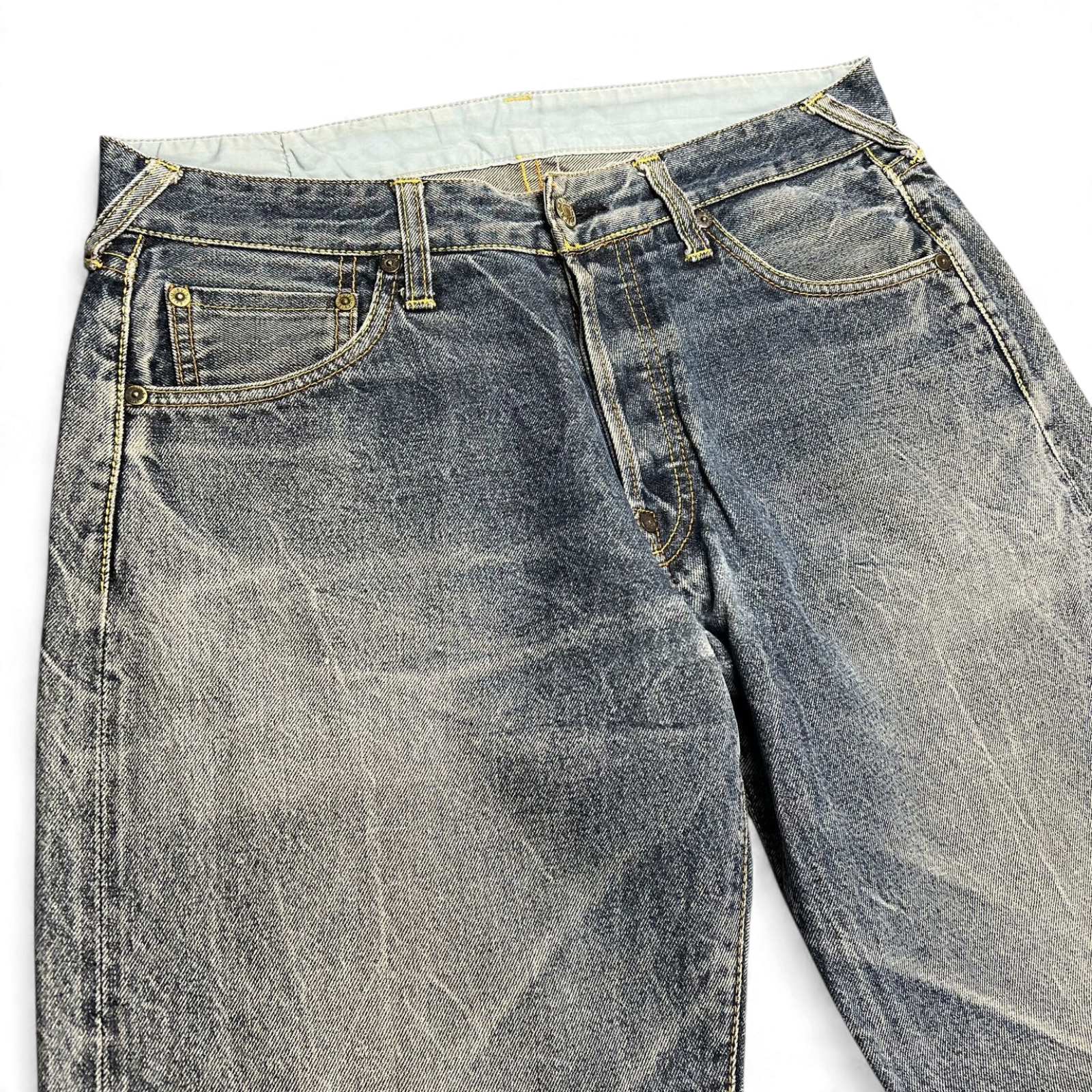 TWC Vintage Evisu Jeans mit geradem Schnitt in verwaschenem Blau aus robustem Denim mit Kontrastnähten