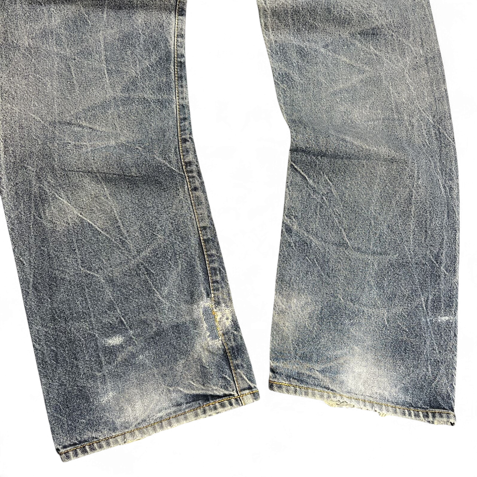 TWC Vintage Evisu Straight Jeans in verwaschenem Blau mit Distressed-Details und ausgefransten Beinabschlüssen